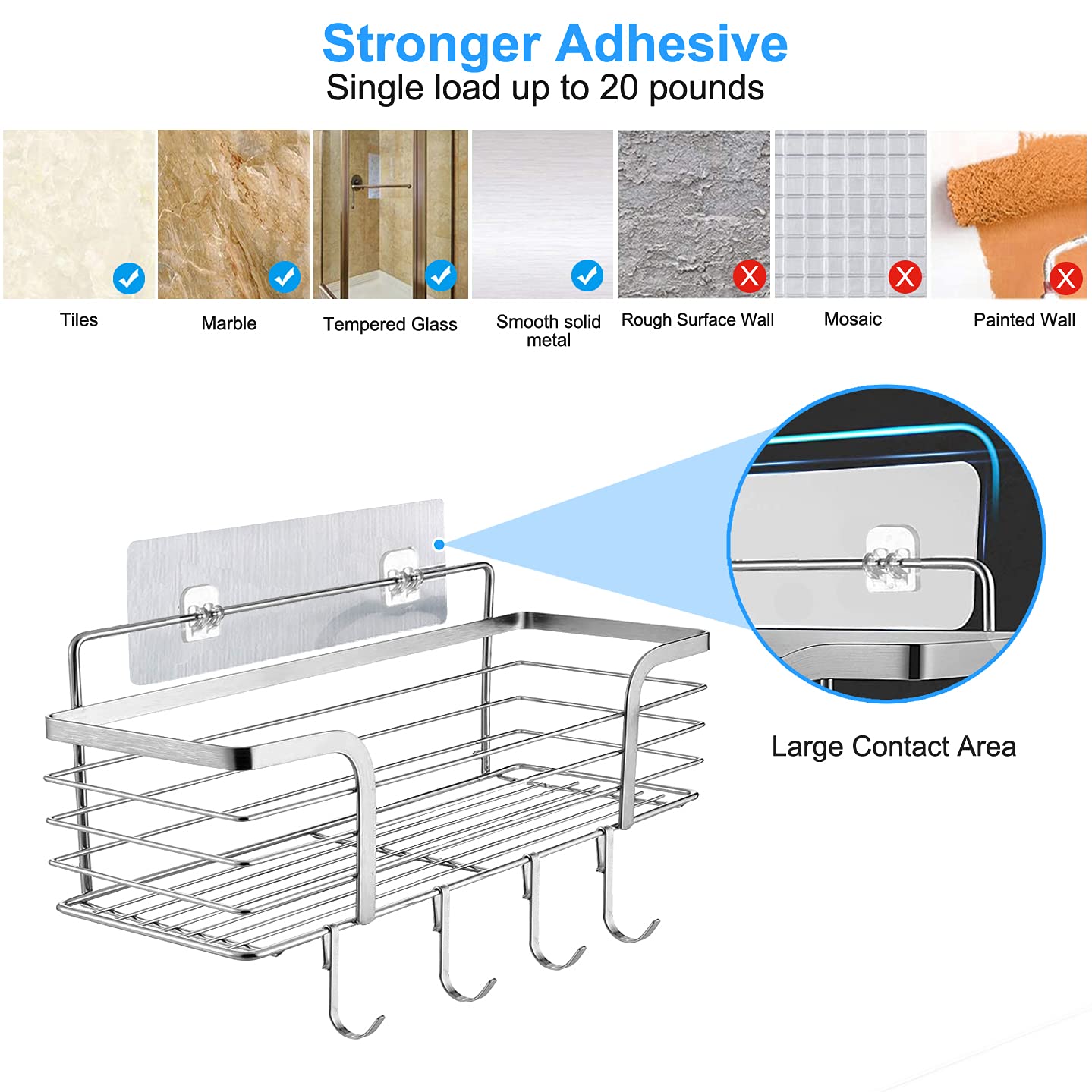 Yougai Shower Caddy Shower Shelf with Soap Dish and 4 Hooks  SUS304 Stainless Steel Shampoo Holder Bathroom Shower Organizer No Drilling Adhesive Wall Mounted Storage Shelves Basket Accessories-3 Pack