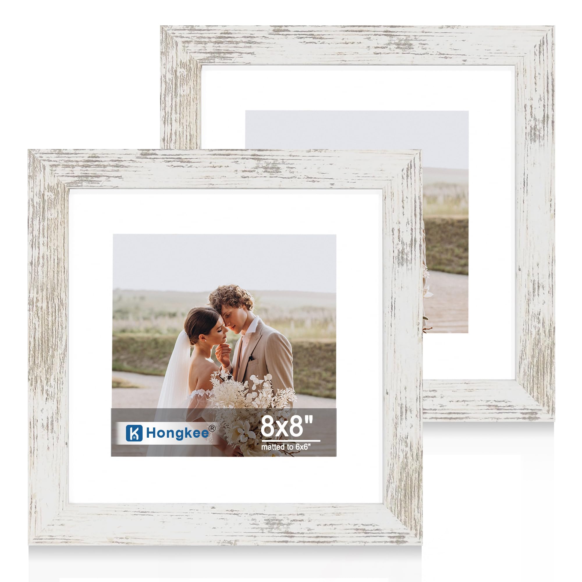 Hongkee 8x8 Picture Frame Set of 2, Made of Real Glass and Distressed White Wooden Frame - Display Square 6x6 with Mat or 8x8 Wi