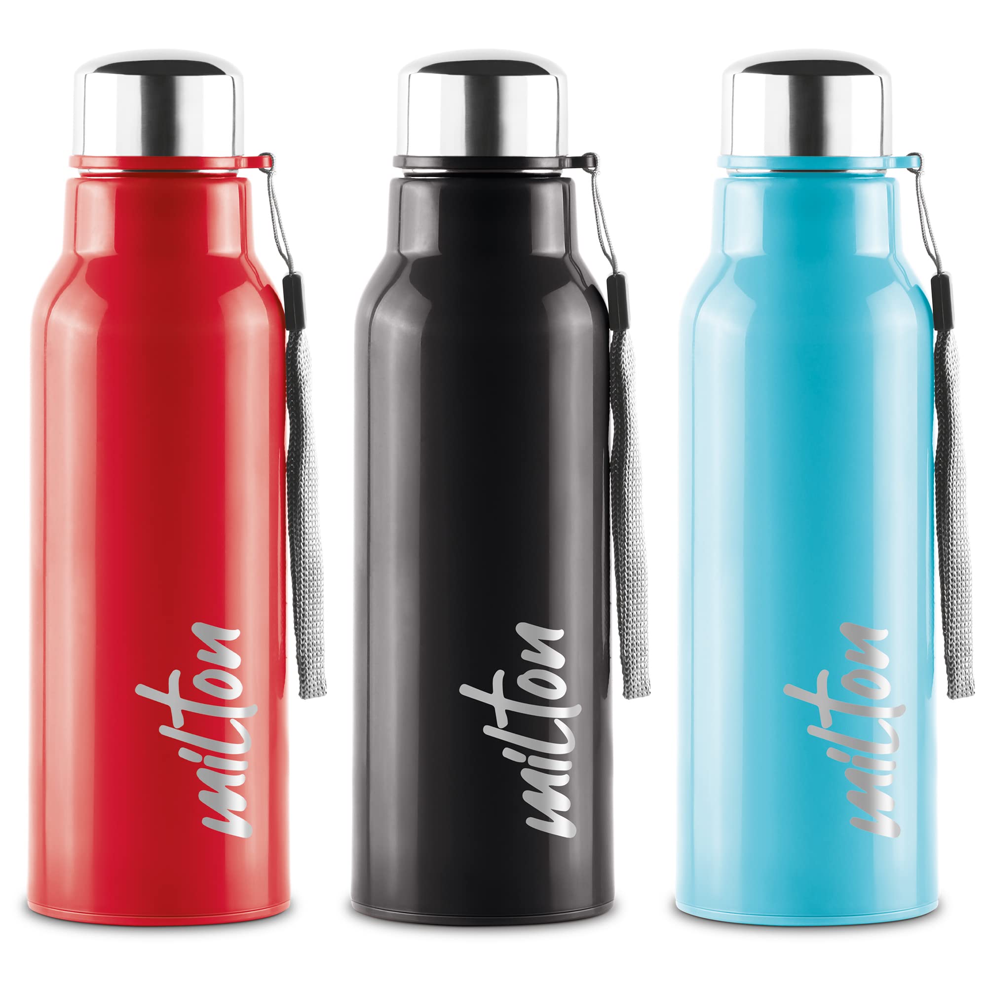 Milton Steel Fit 600 Insulated Stainless Steel Water Bottle, Set Of 3, 520 Ml Each, Black, Red, Light Blue | Easy Grip | Leak Pr