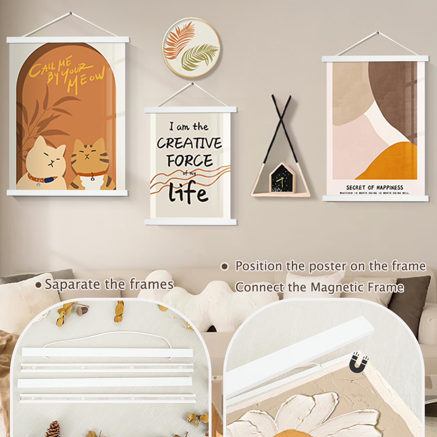 Artmag 2 Pack Magnetic Poster Hanger Frame, 18X24 18X12 18X28 Light Wood Wooden Magnet Canvas Artwork Print Dowel Poster Hangers