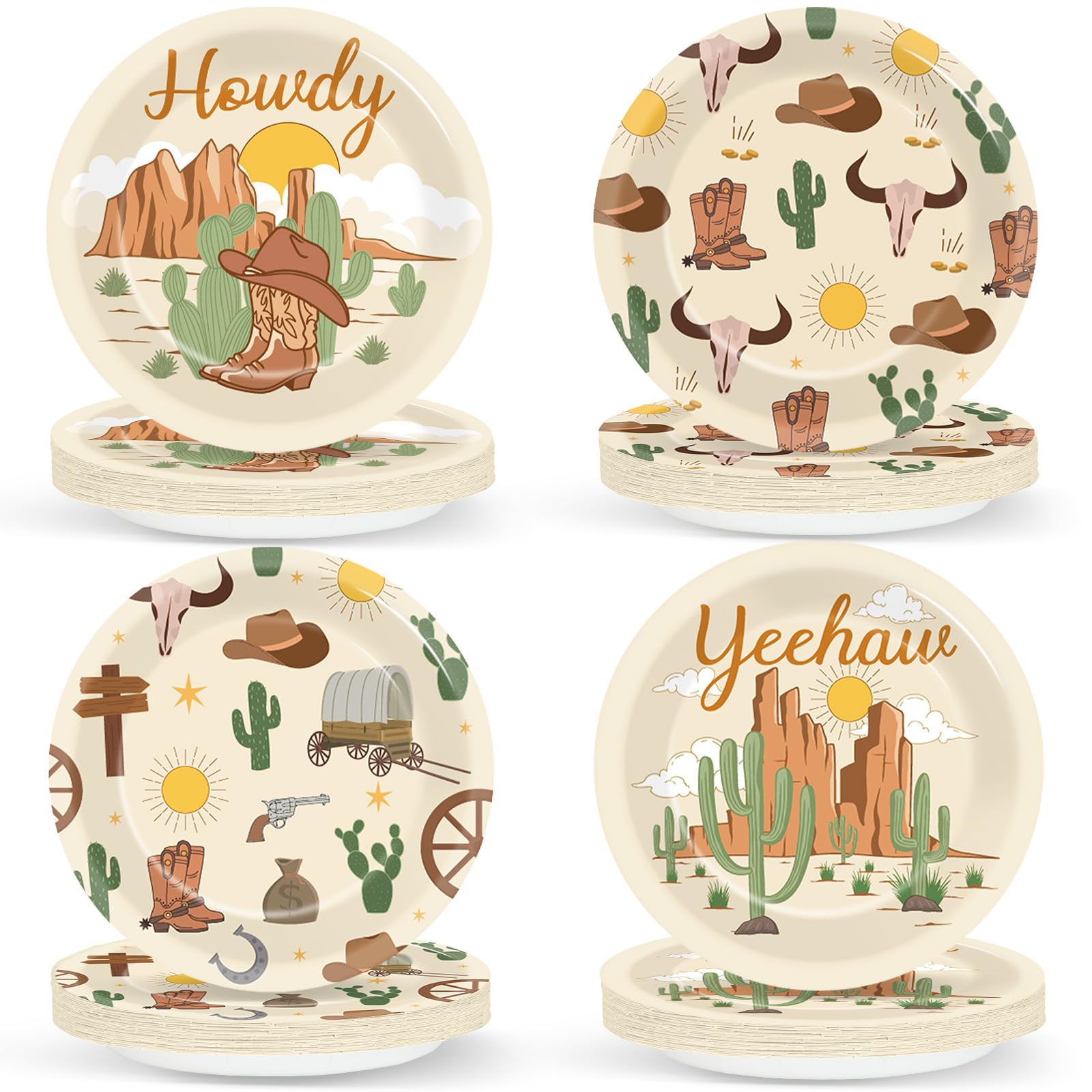 Chunnin 48Pcs Western Cowboy Rodeo Party Paper Plates For Wild West Theme Party Supplies 7'' Howdy Cowgirl Yeehaw Birthday Party