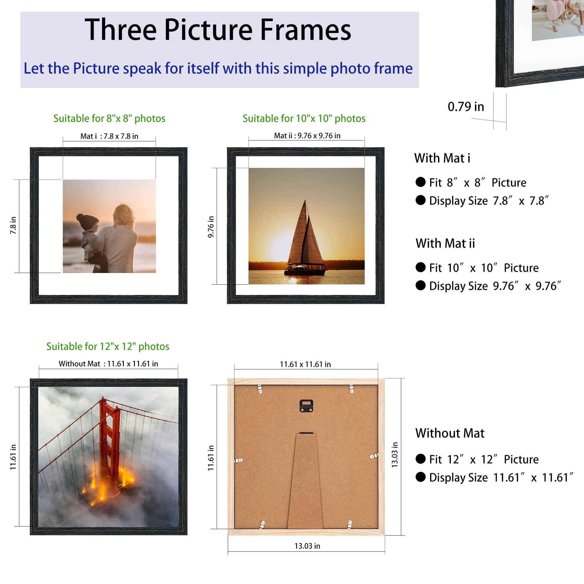 12x12 Frame,Solid Wood,Display Pictures 8x8,10x10 with Mat or 12x12 Without Mat,Square Picture Frame for Wall Mounting or Tablet