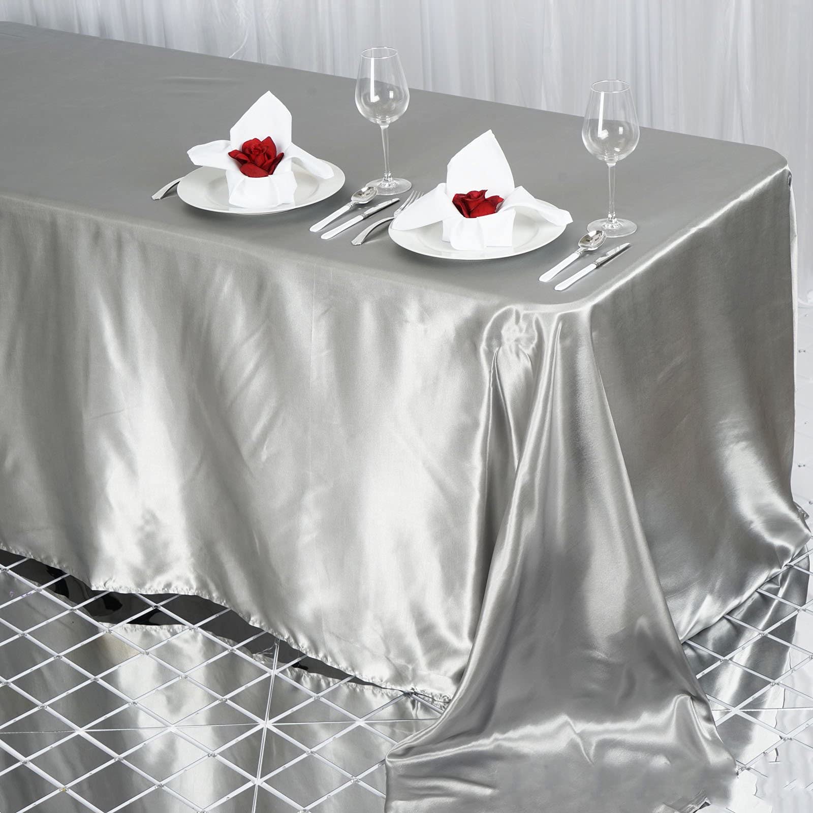 Balsacircle 90X132 Inch Silver Satin Rectangle Tablecloth Table Cover Linens For Wedding Table Cloth Party Reception Events Kitc
