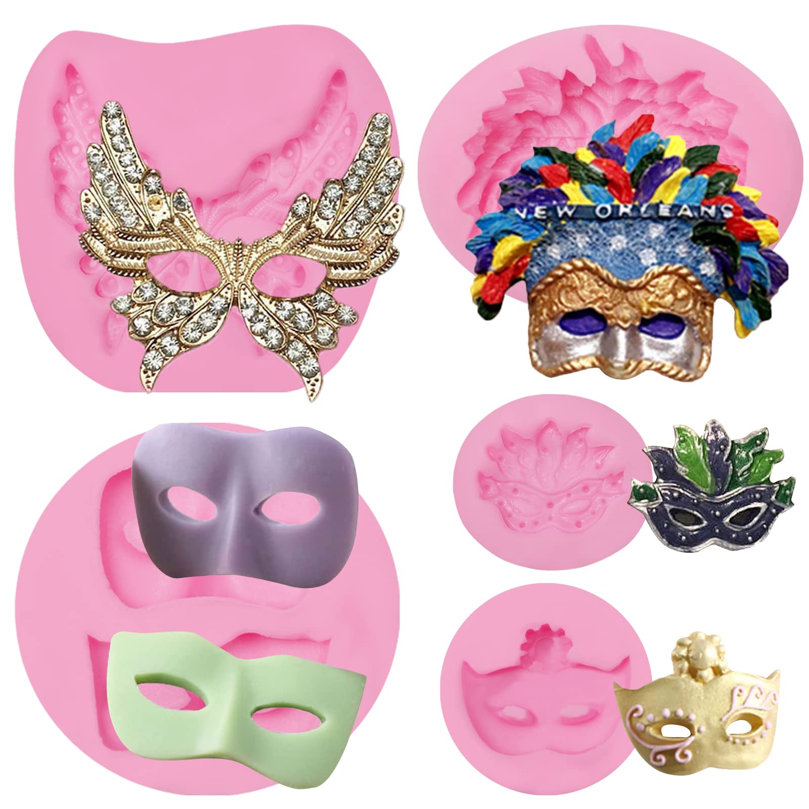 Masquerade Mask Silicone Molds 5 Pcs, Mask Chocolate Fondant Mold For Cake Decoration, Candy Sugar, Cupcake Topper, Cake Pop, Po