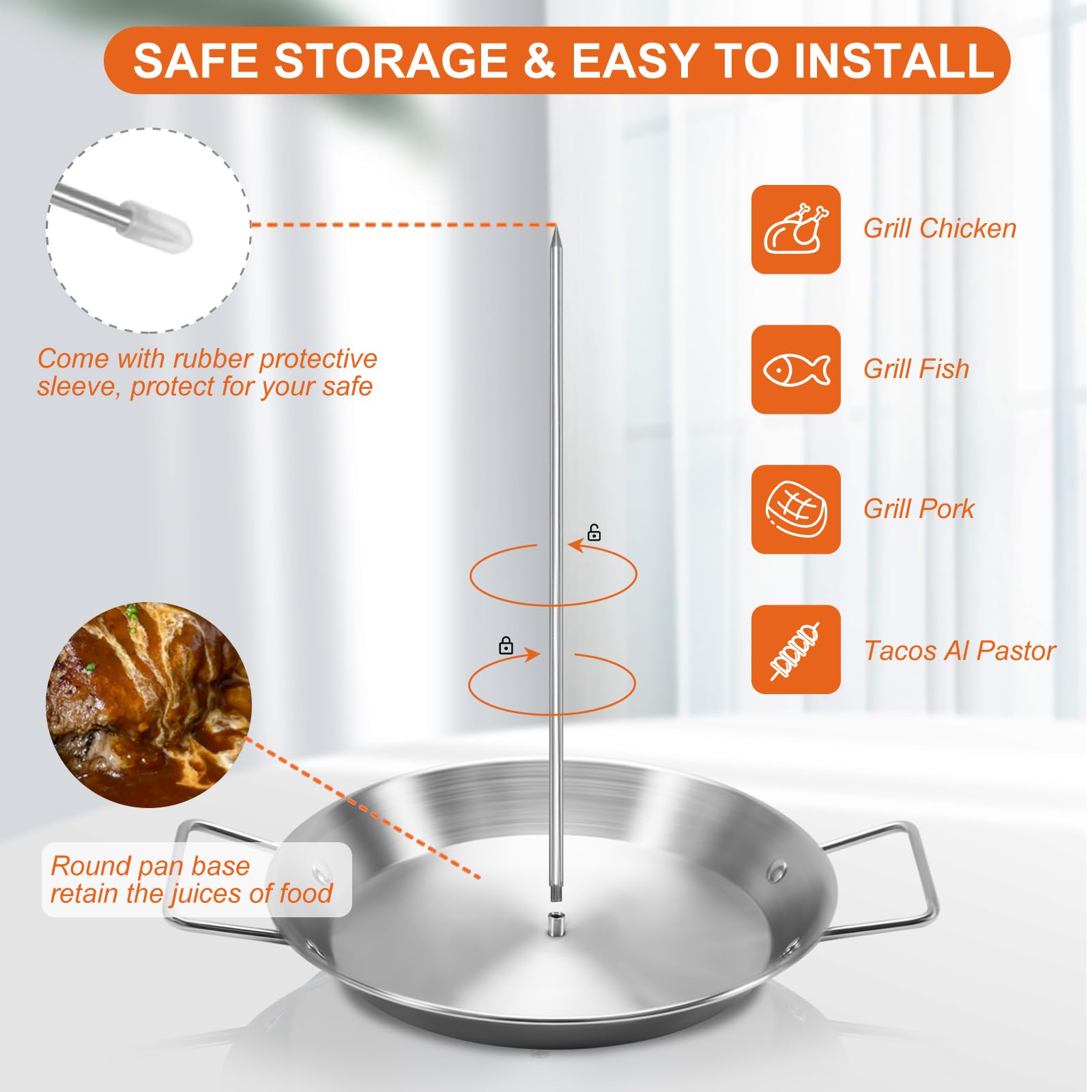 Al Pastor Skewer For Grill, Stainless Steel Vertical Skewer, Brazilian Vertical Spit Stand With 3 Removable Spikes(8   /10''/12