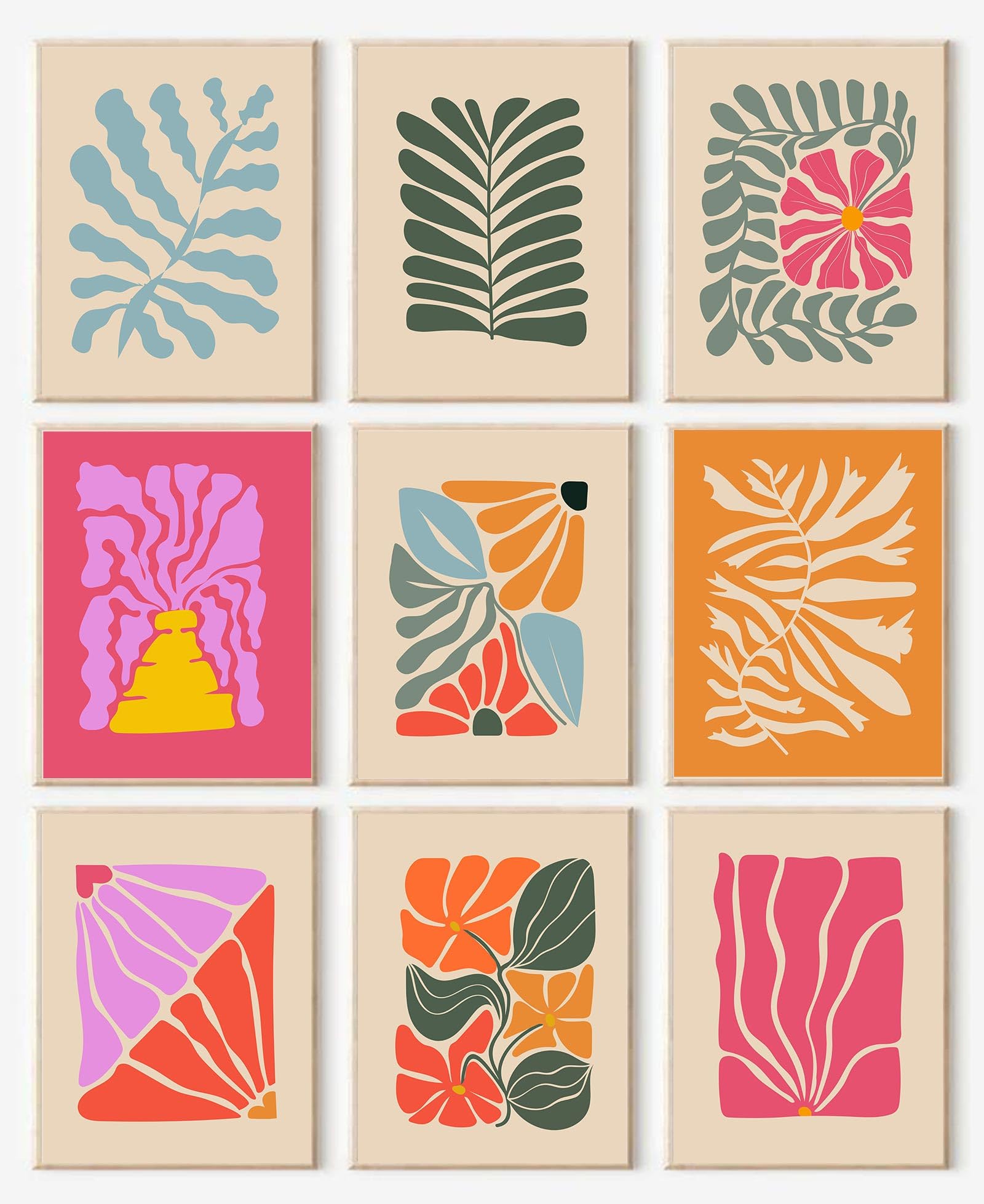 Abstract Botanical Prints Set Of 9, Colorful Eclectic Gallery Wall Art Wavy Flower Floral Plant Wall Decor, Aesthetic Bedroom De