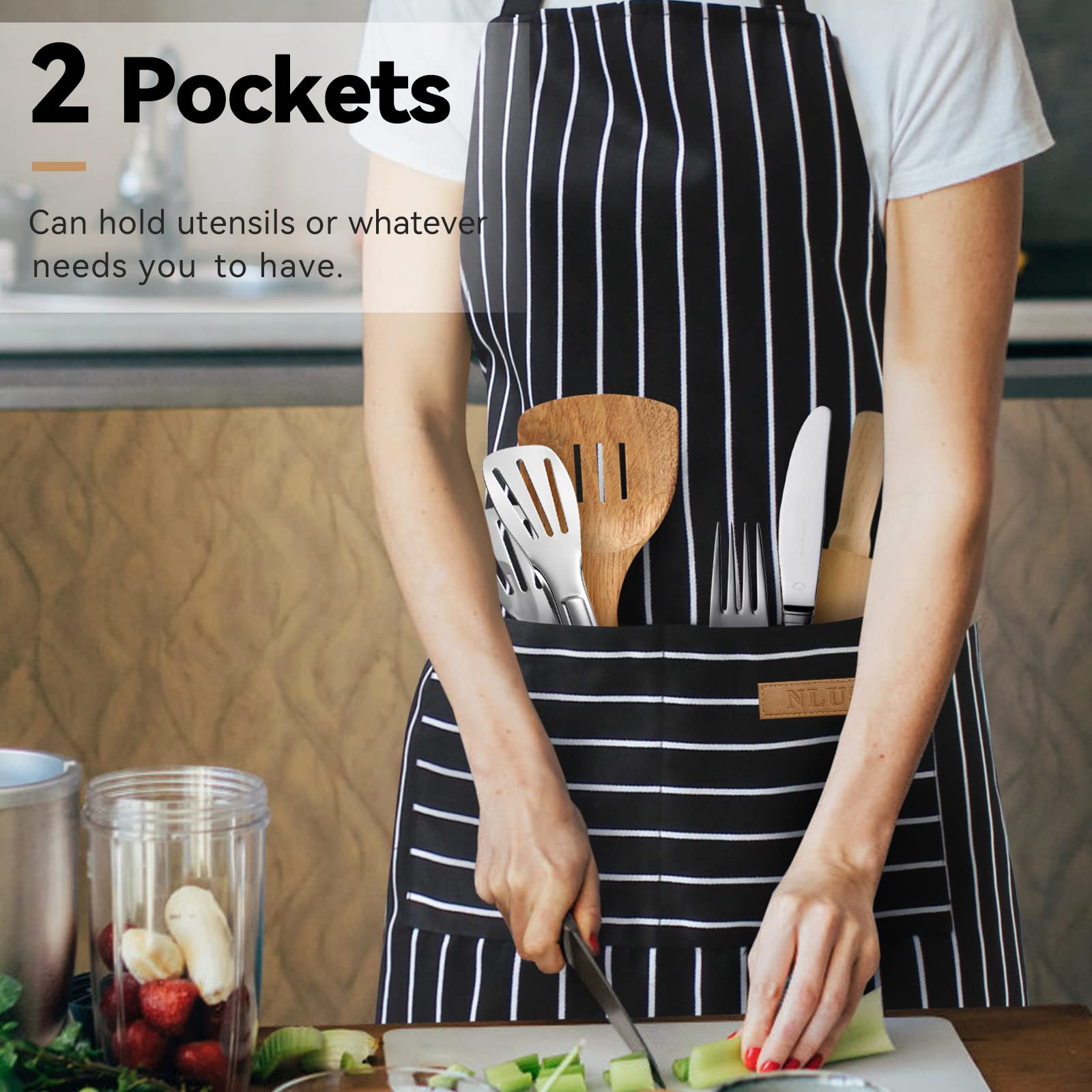 Nlus 2 Pack Cooking Aprons For Women With Pockets Adjustable Kitchen Bib Aprons For Women Men Chef, Black/White Stripe (Classic
