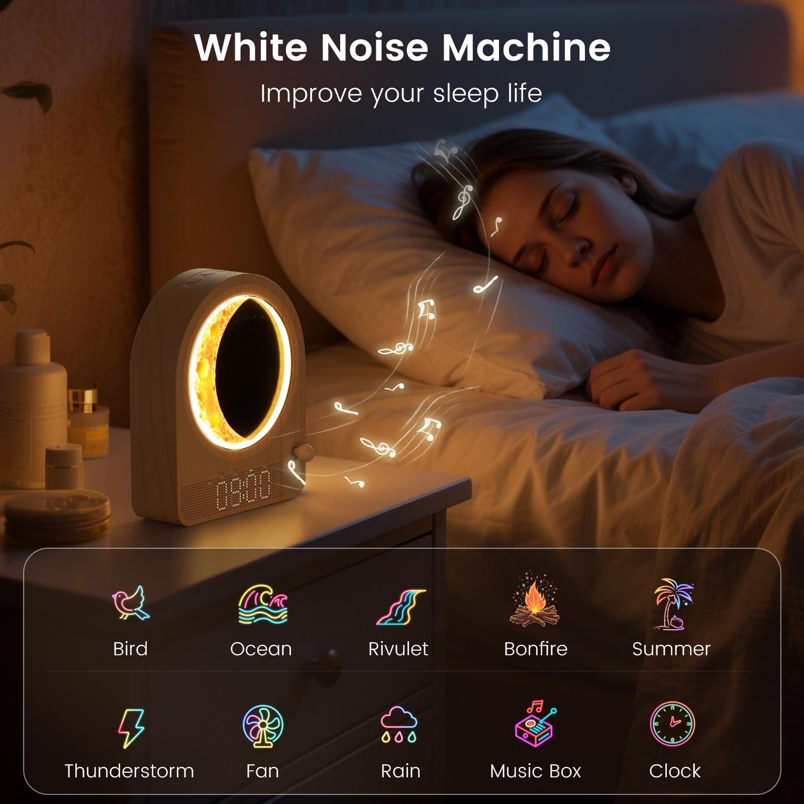 Epochleno Sunrise Alarm Clock, White Noise Machine & Meteor Moonlight - 10 Soothing Sounds, Dual Alarms, 30/60/90min Timer, Easy