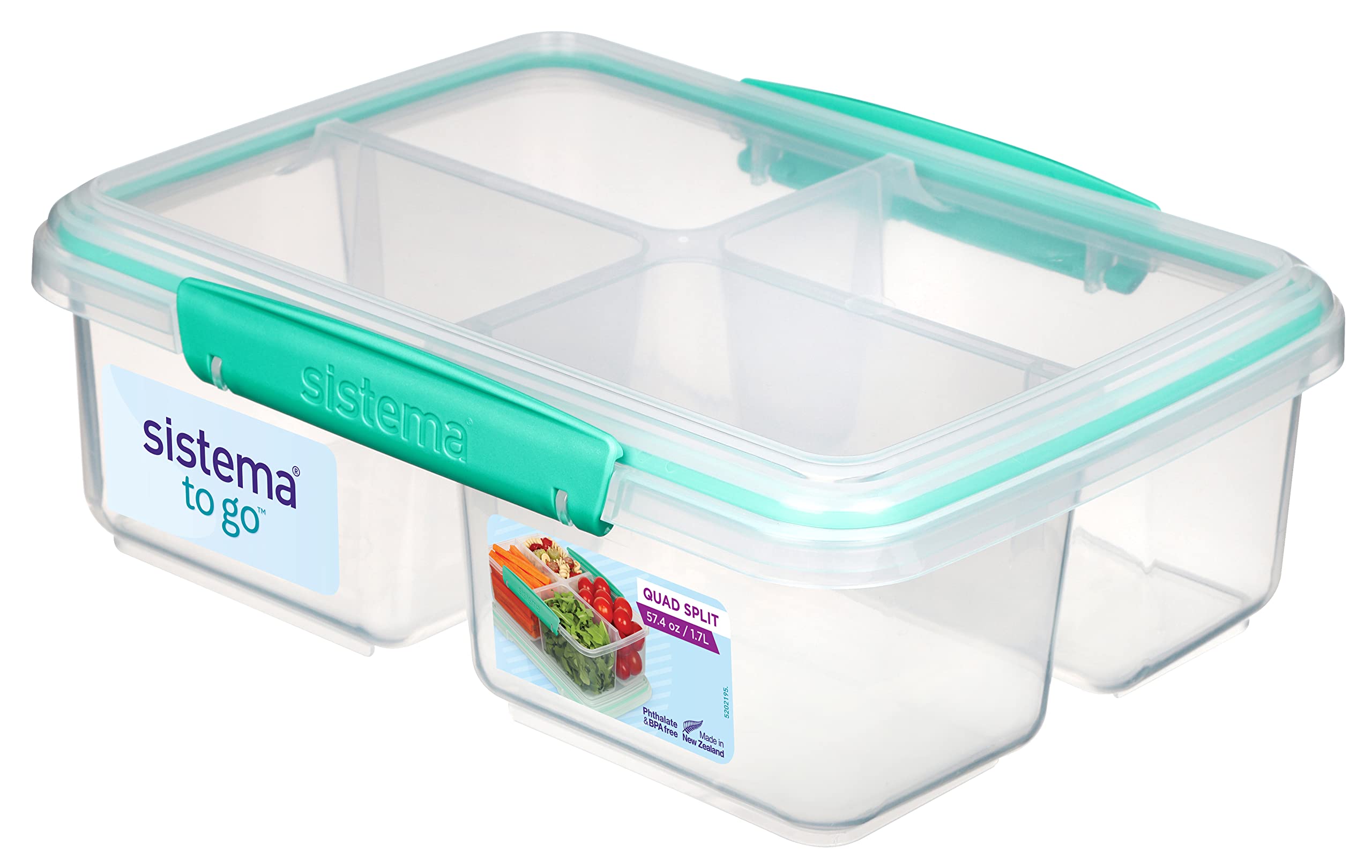 Sistema 1007708 To Go Quad Split Food Storage Container, Clear With Coloured Clips, 1.7 L