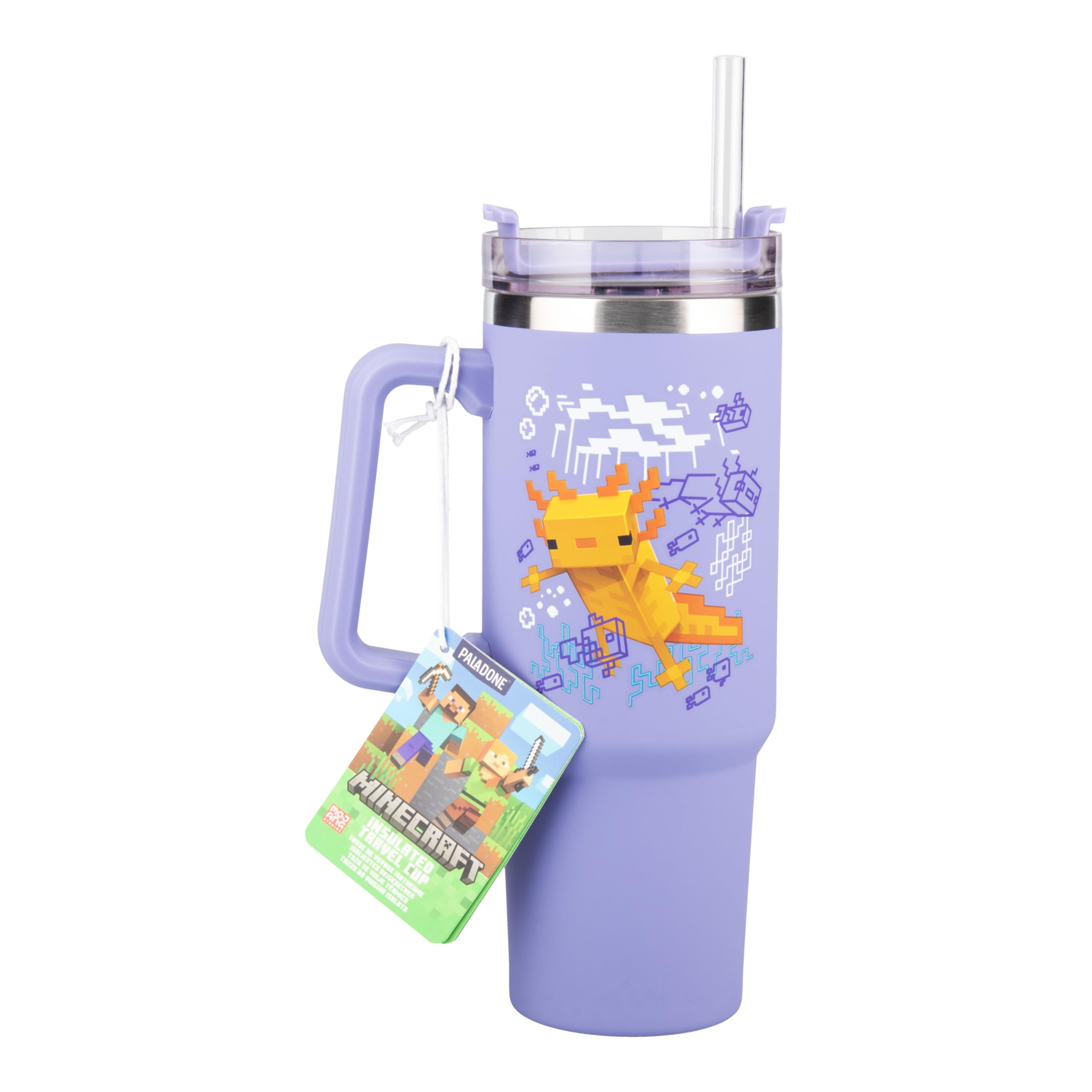 Paladone Minecraft Axolotl 900 ml Purple Insulated Cup and Straw, Officially Licensed Quencher Travel Cup with Handle for Iced T