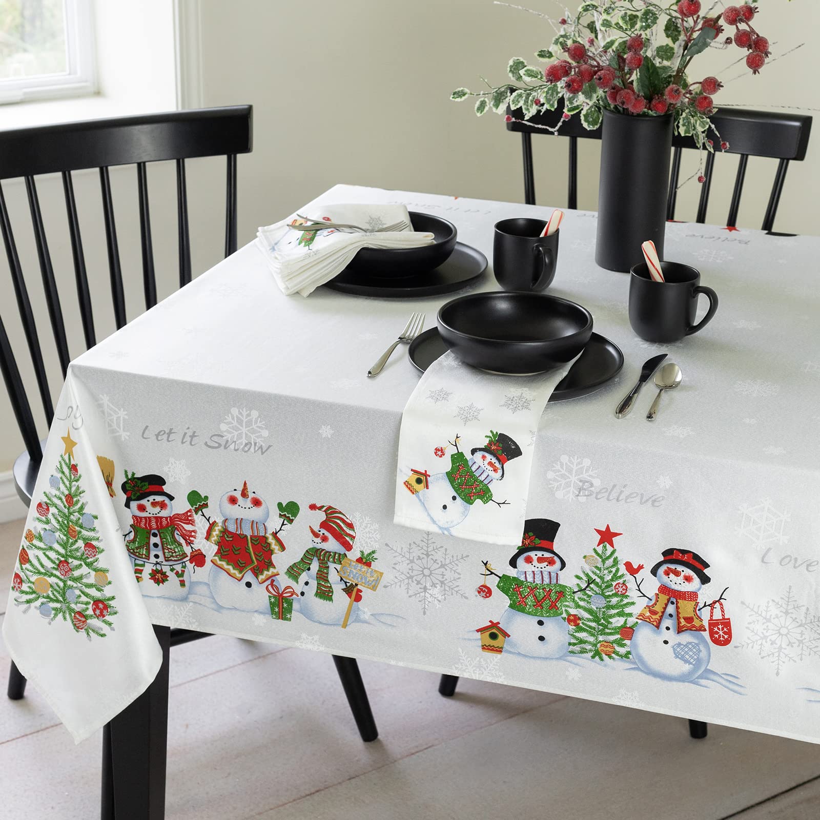Benson Mills Believe Snowman Engineered Printed Jacquard Fabric Christmas Table Cloth, Christmas Tablecloth For All Winter And H