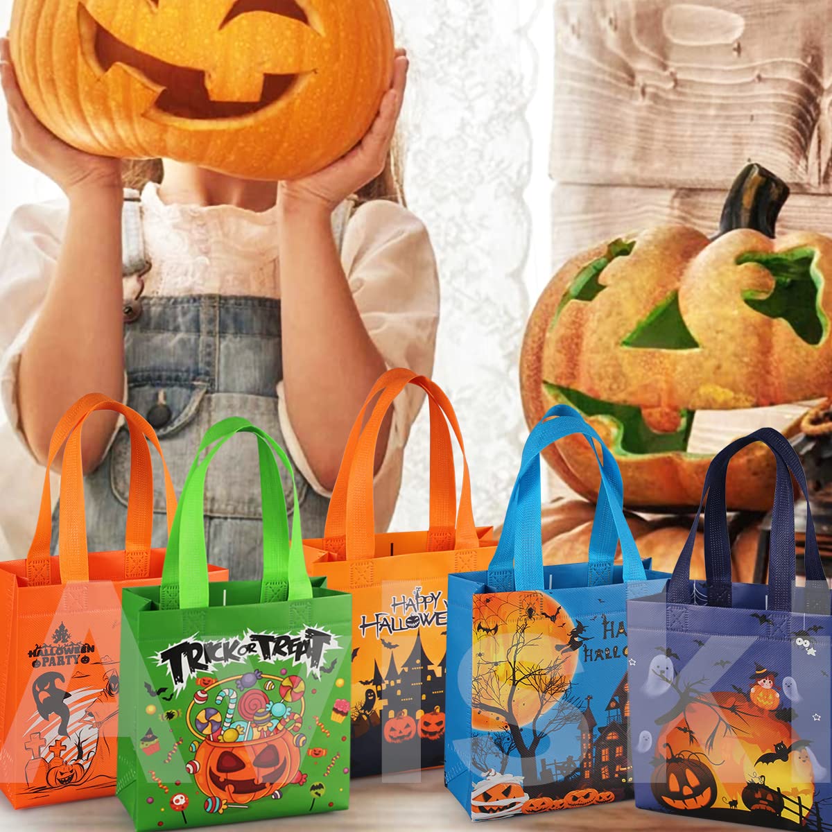 Aviski 8PCS Halloween Trick or Treat Bags  Small Halloween Tote Bags with Handles  Gift Bags  Multifunctional Non-Woven Halloween Bags for Gifts Wrapping  Trick or Treat  Halloween Party Supplies