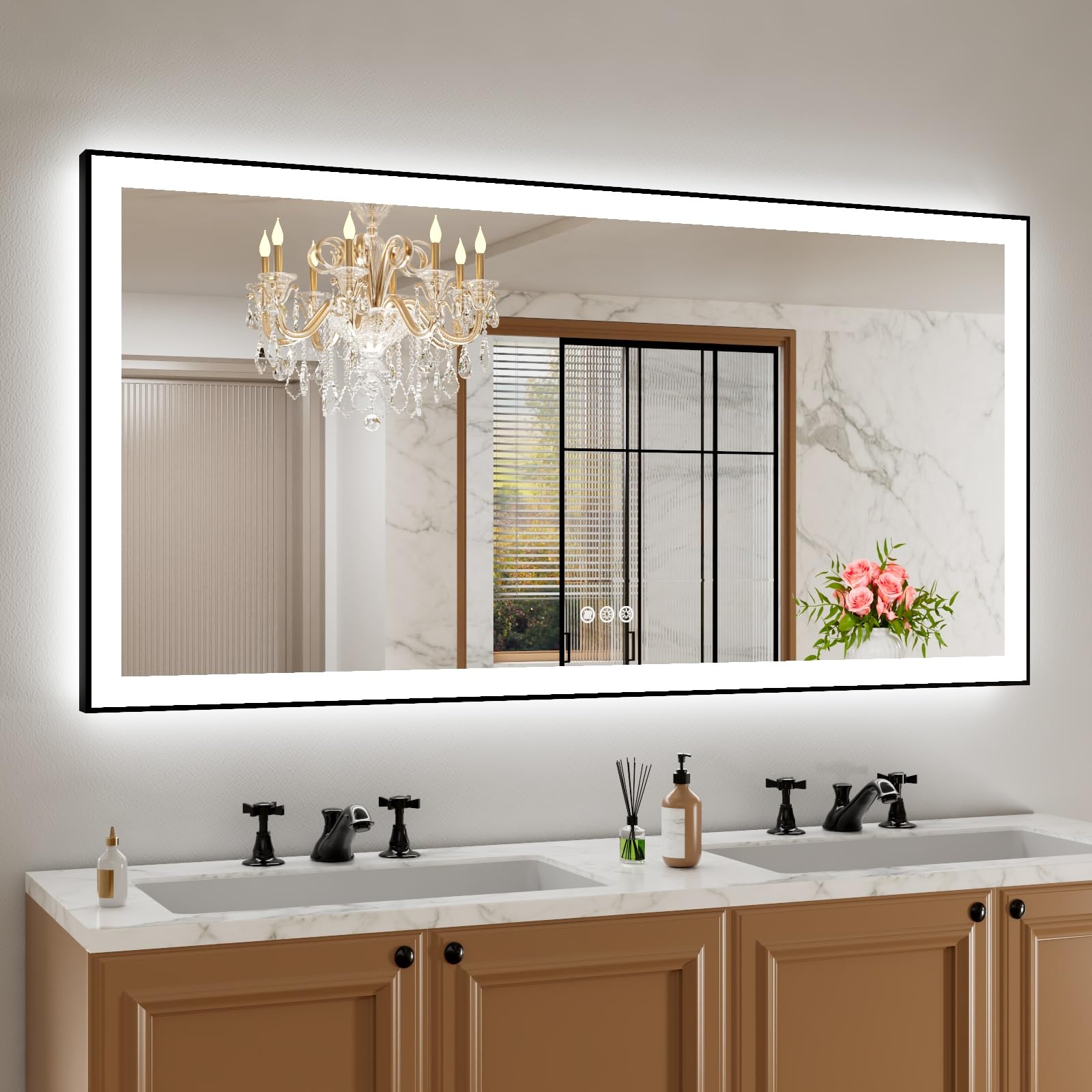 Amorho 60''X 30'' Led Bathroom Mirror With Black Frame, Front Light And Backlit(Controlled Separately), Stepless Dimmable, Anti-