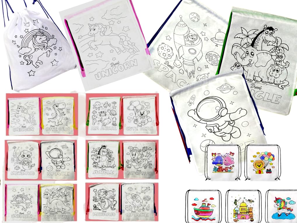 Sv Traders Diy Reusable Drawstring Bags Non Woven/Assorted Theme Birthday Party Return Gifts Pack Of 24 Pcs (14X12) Inches/Kids 
