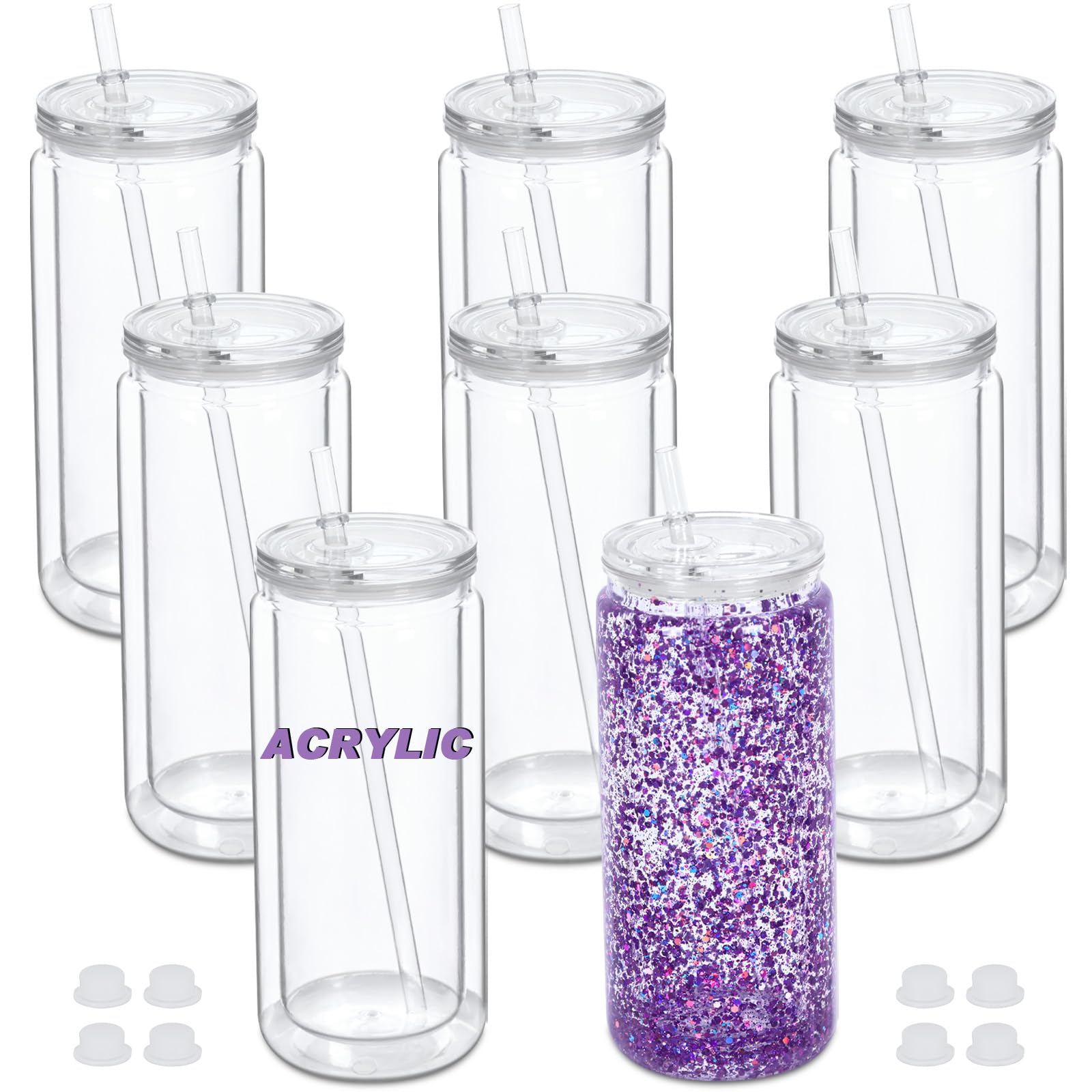 Micellwuu 20 oz Acrylic Snowglobe Tumbler, 8 Pack Double Wall Snow Globe Cups with Pre Drilled Hole, Plastic Mason Jar Cups Can 