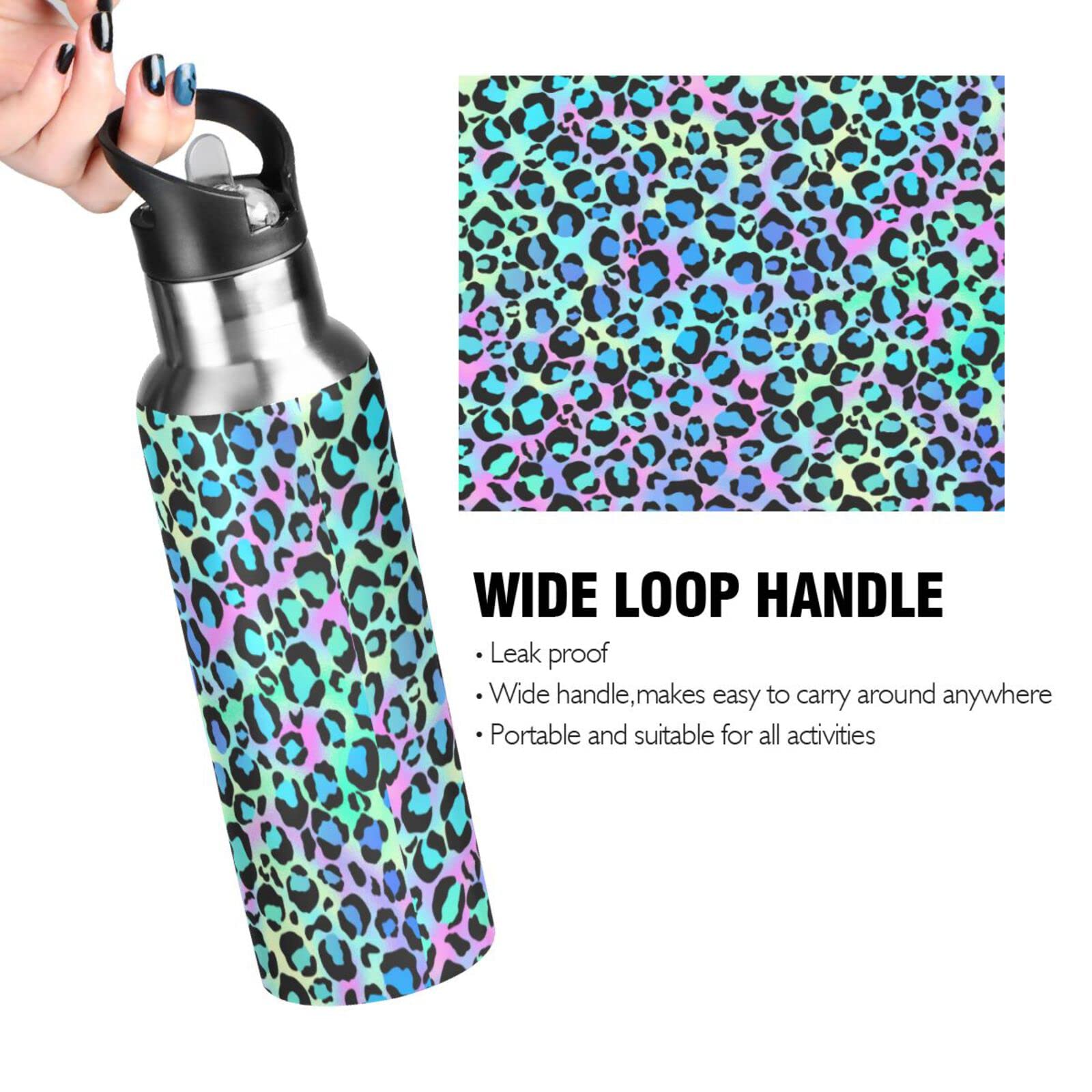 Moudou Leopard Water Bottle With Straw Lid, 33Oz Leakproof Double Wall Vacuum Insulated Stainless Steel Water Bottle For Sports,