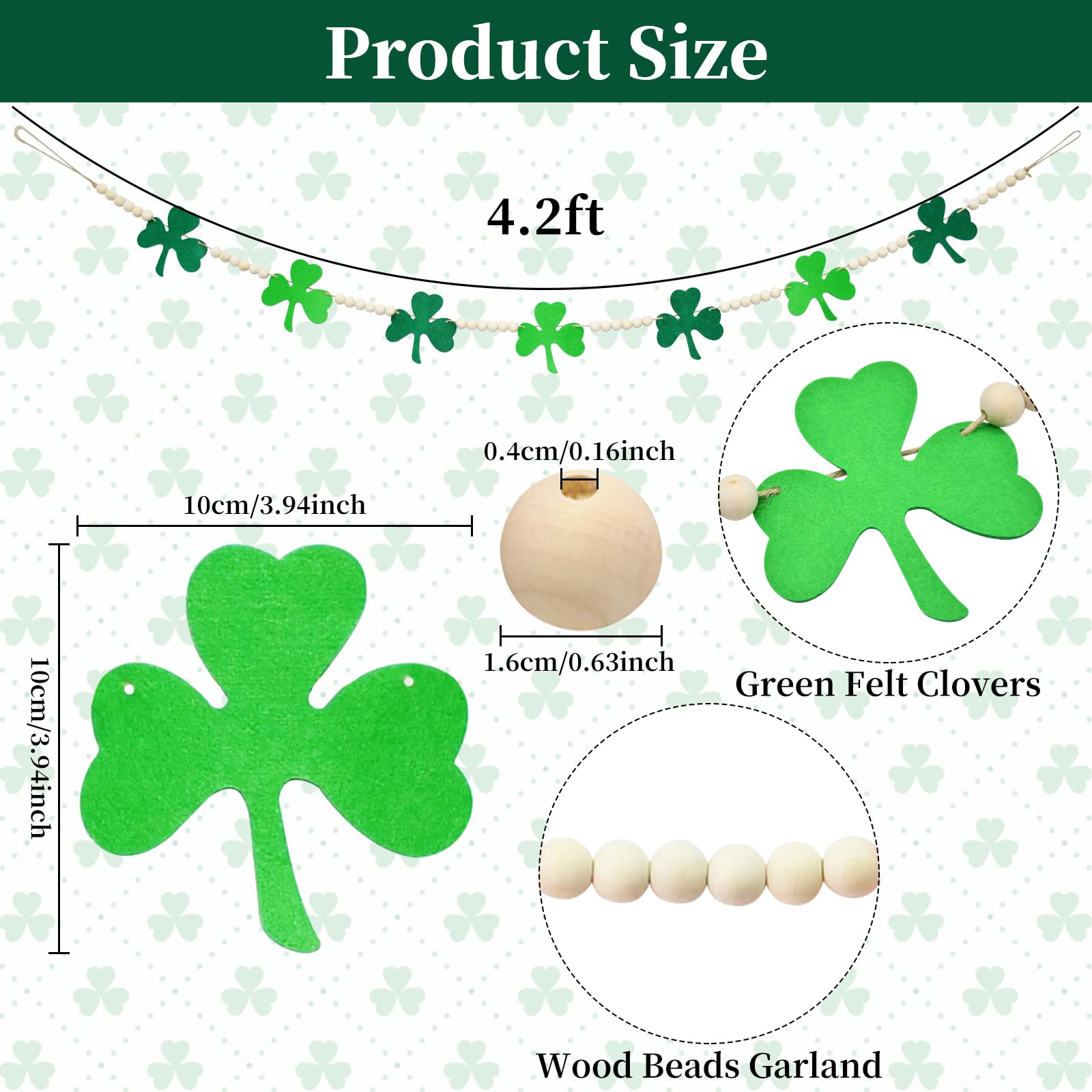 4.2 Ft St. Patrick'S Day Wooden Beads Garland With Clover Charms, Irish-Themed Shamrock Beaded Tiered Tray Decor, Rustic Farmhou