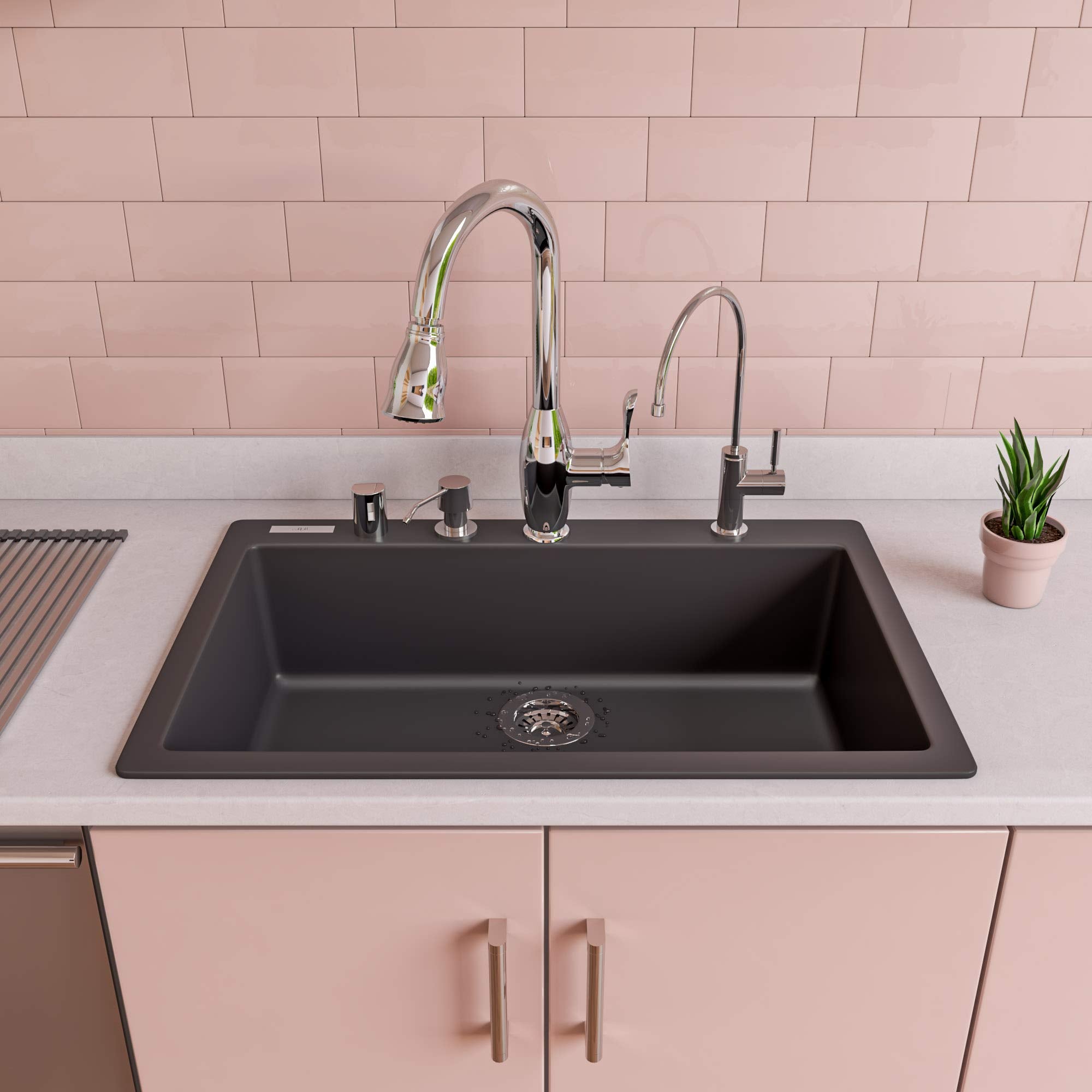 Alfi Brand Ab3020Di-Bla Drop-In Single Bowl Granite Composite Kitchen Sink, 30'', Black