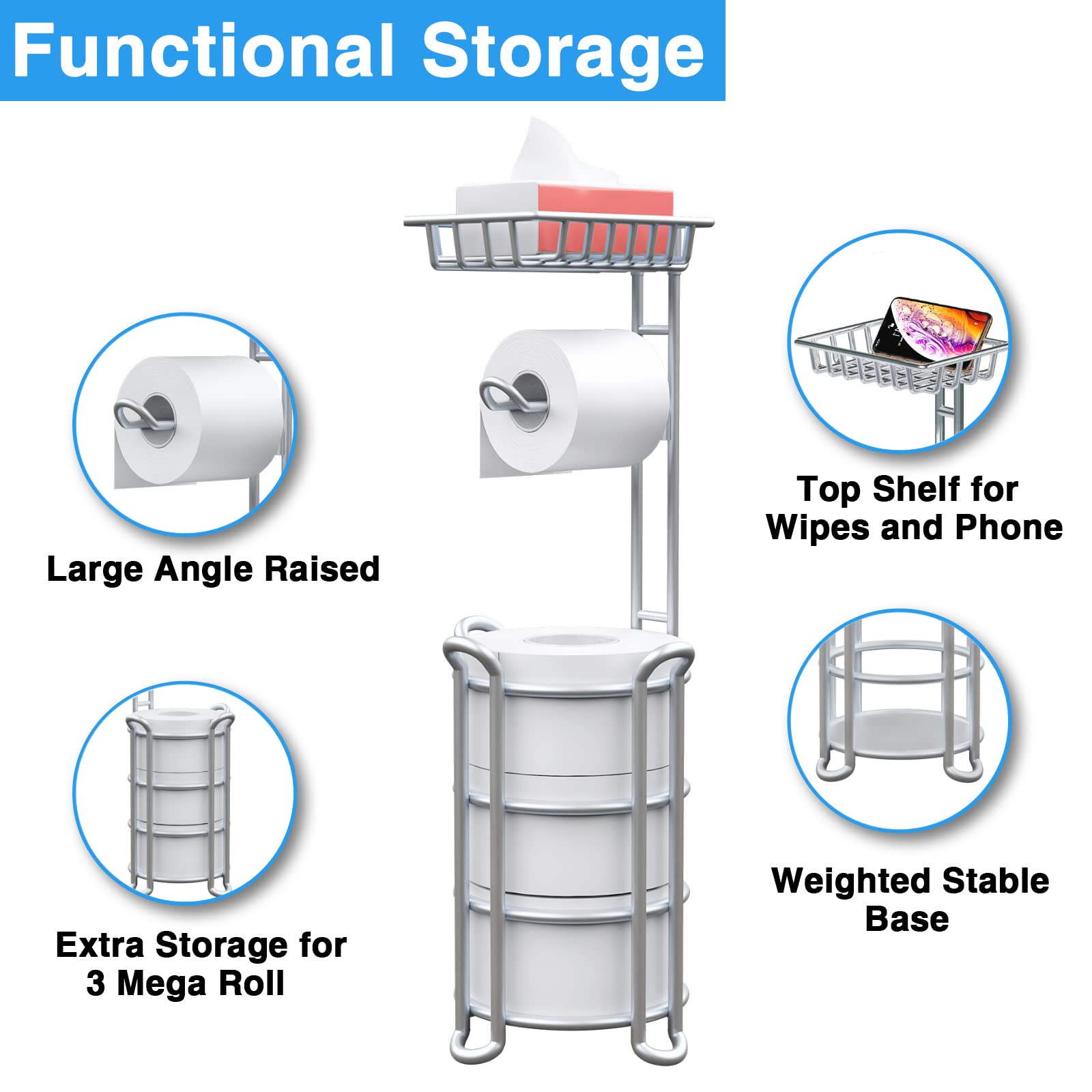 Toilet Paper Holder Stand With Shelf For Phone, Free Standing Tissue Roll Storage And Dispenser Rack For 4 Mega Rolls, Silver Gr