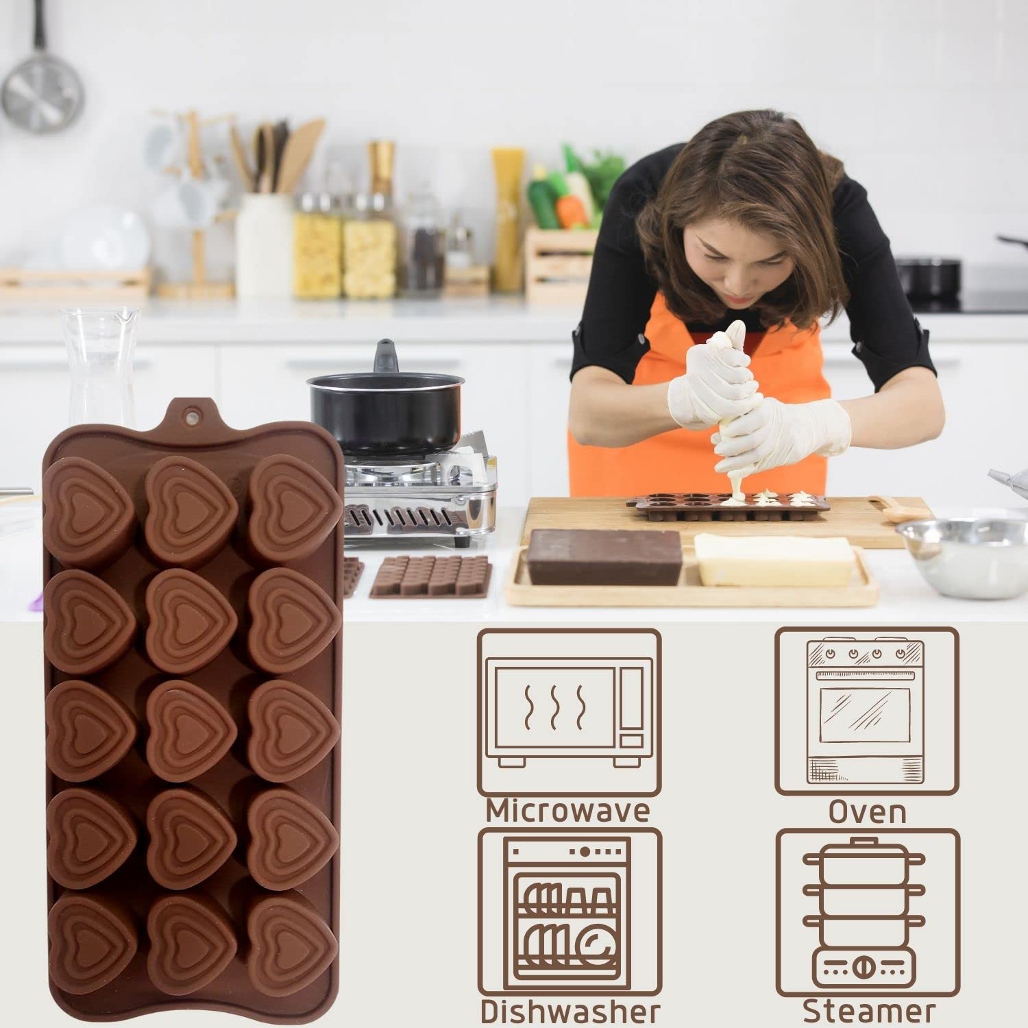Crethinkaty Valentines Chocolate Moulds - 1 Pack 15-Cavity Heart Silicone Chocolate Moulds Chocolate Making Molds Silicone Candy