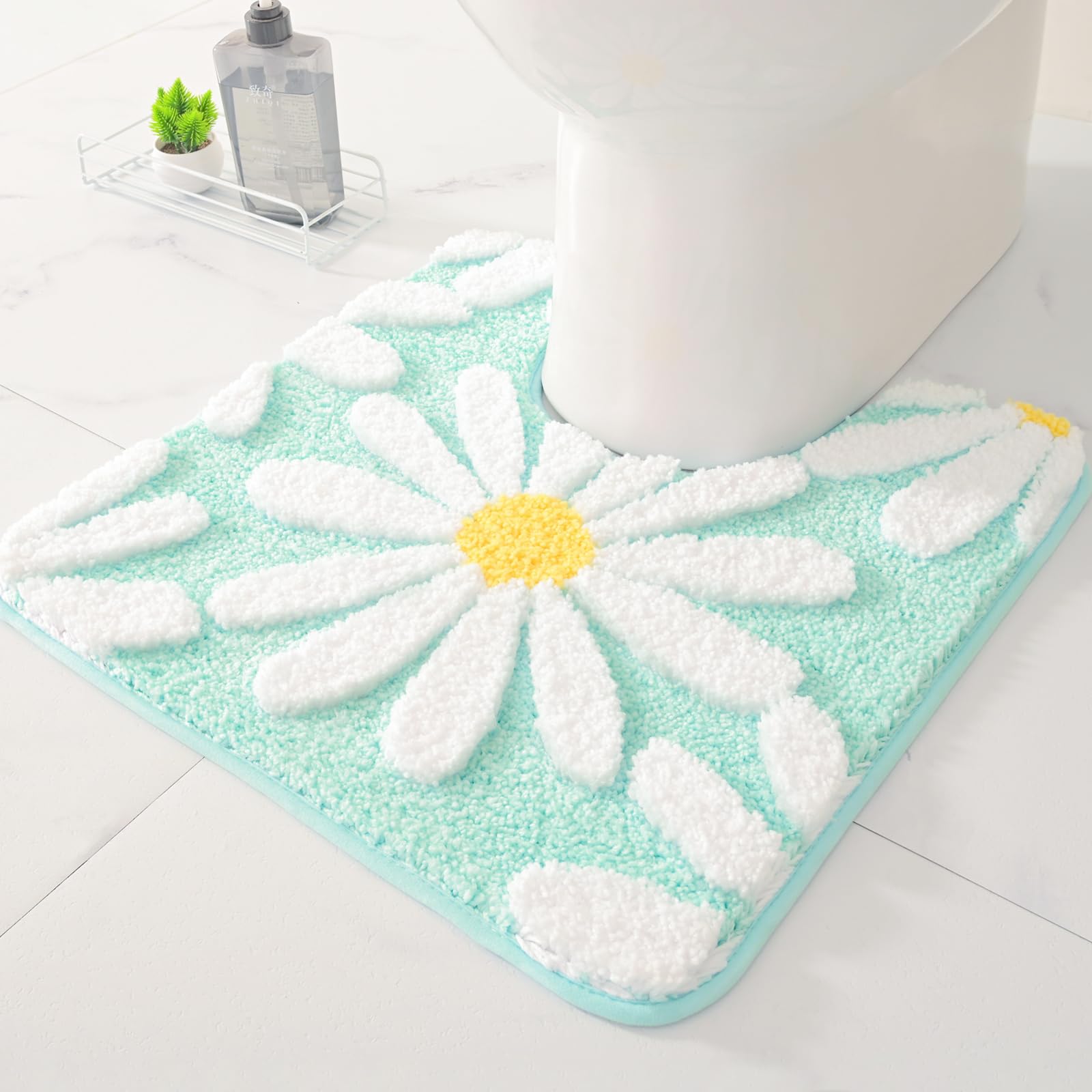 Qjhomo Toilet Rugs U Shaped, Green Toilet Mat Cute Daisy Contour Bath Rug 20''X20'', Extra Thick Soft Machine Washable Toilet Ca