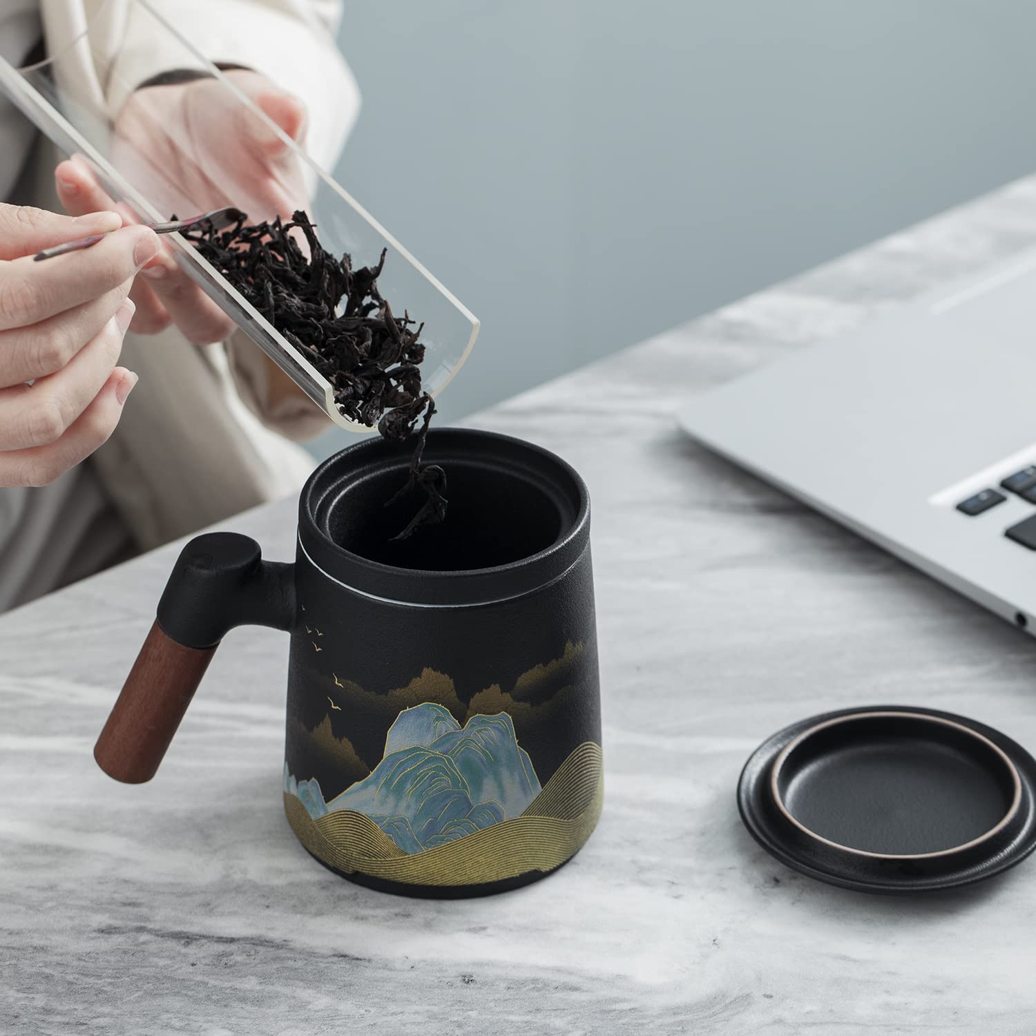 Taoci Ceramic Tea Mug With Infuser And Lid Tea Cup Moon Deer Mountain Creative Embossed Design Coffee Mug With Strainer And Wood