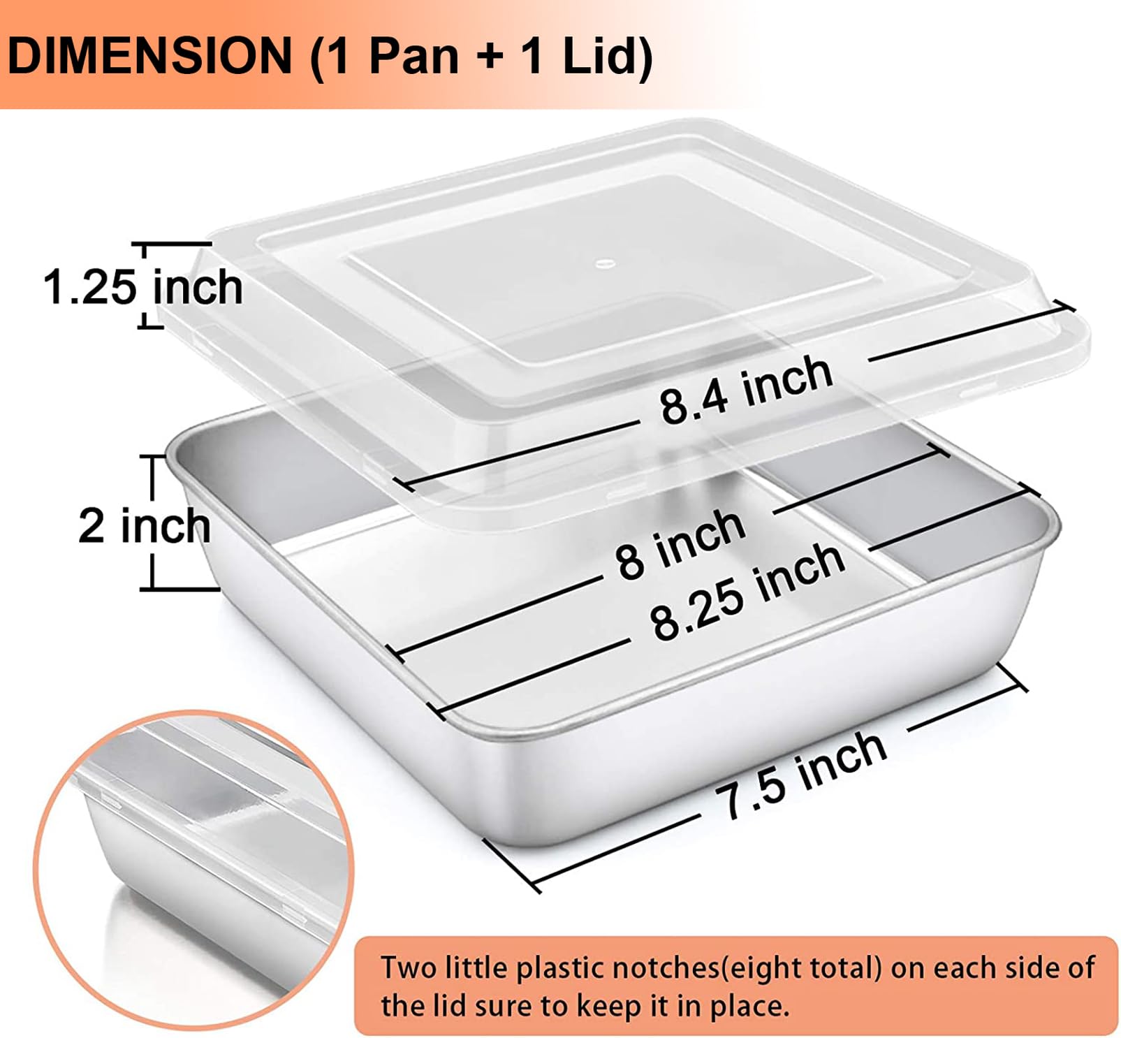 Teamfar Square Cake Pan With Lid(1 Pan & 1 Lid), 8 Inch Square Baking Pan Stainless Steel Cake Brownie Pan With Lid For Meal Pre