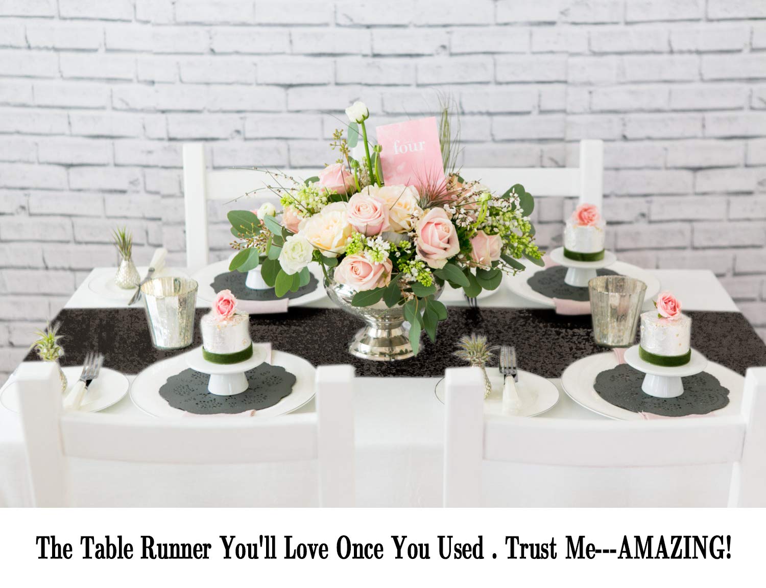 Shinybeauty Black Table Runner 12'' X 108'' Sequin Table Runner Glitter Table Runner Fall Table Runner Halloween Party Table Run