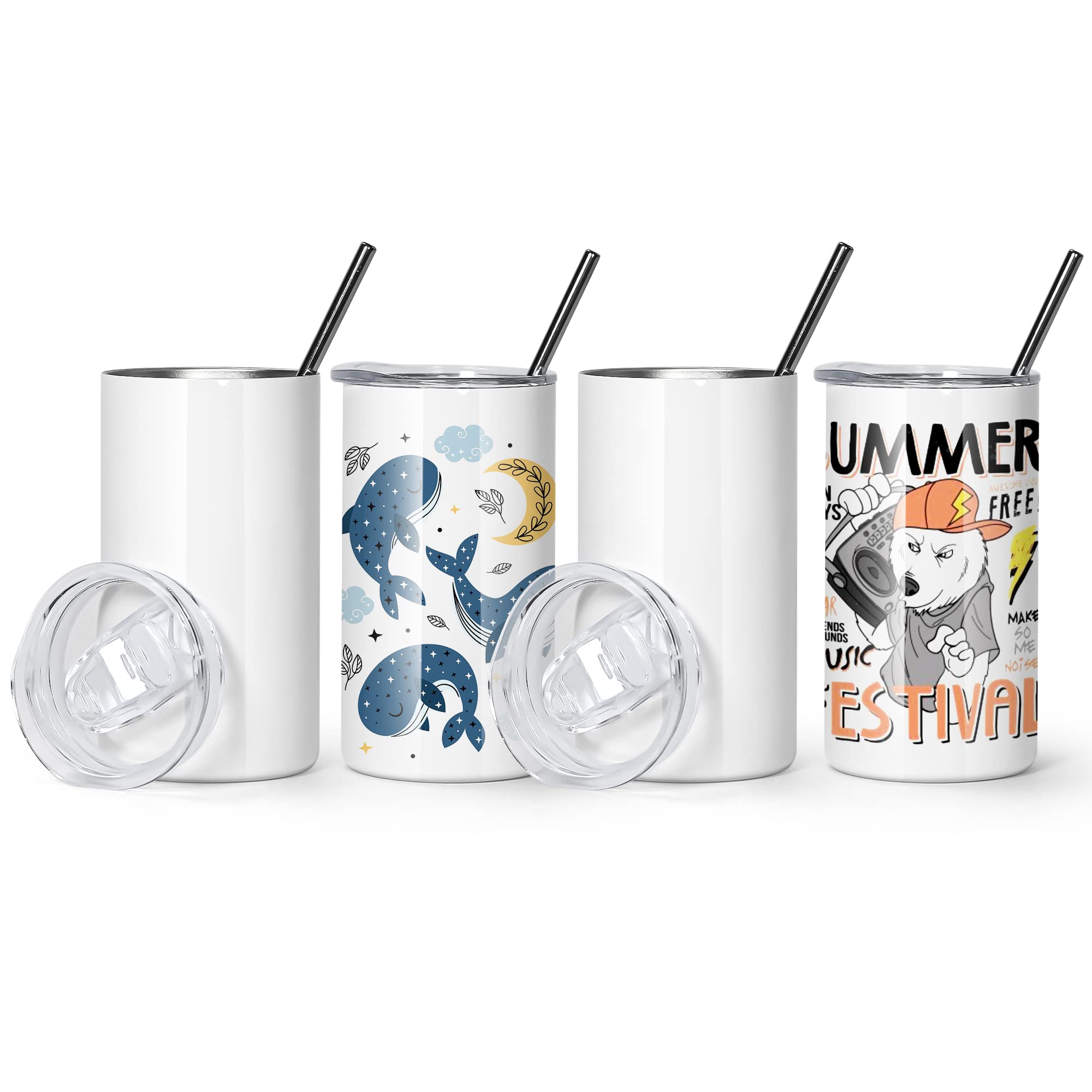 AGH 12 oz Sublimation Tumblers Blanks with Lids and Straws 4 Pack Stainless Steel Straight Skinny Tumblers for Kids Double Wall 