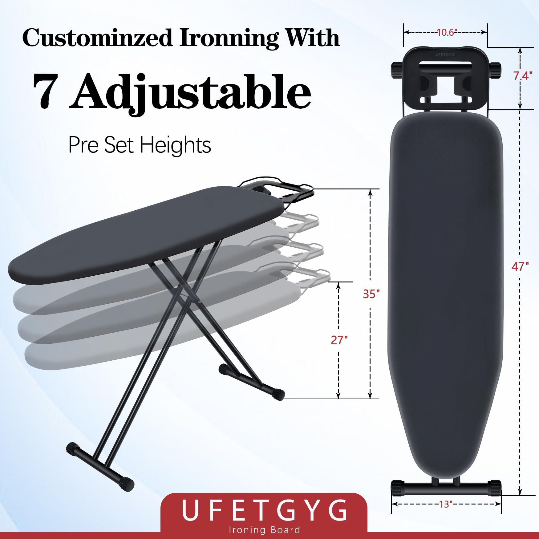 Ufetgyg Ironing Board, Metal Panel Iron Board |43'' X 13'' W/With Iron Rest | Full Metal Construction| Height Adjustable | Heat