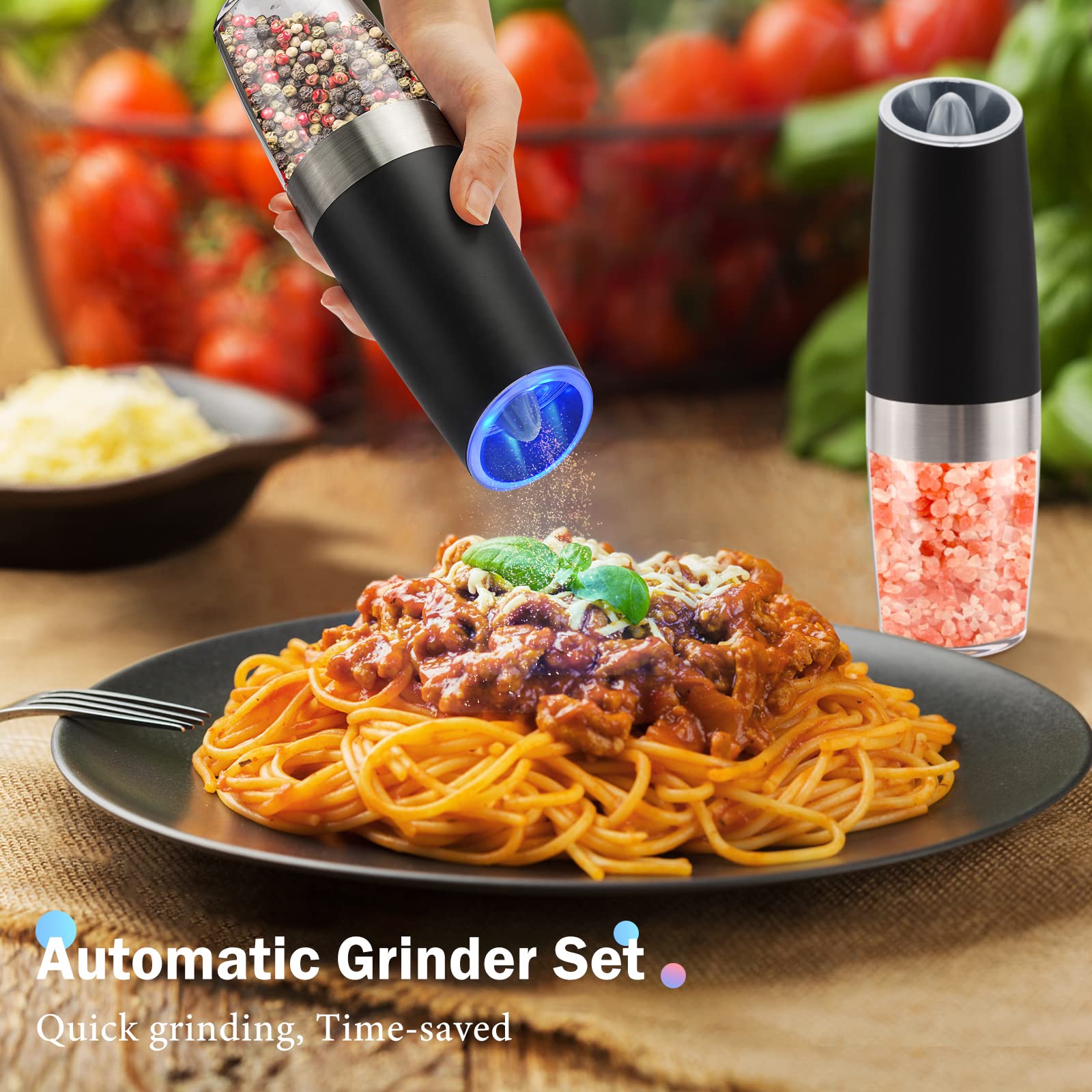 Gravity Electric Salt And Pepper Grinder Set, Battery Powered Led Light One Hand Automatic Operation, Adjustable Coarseness Mill