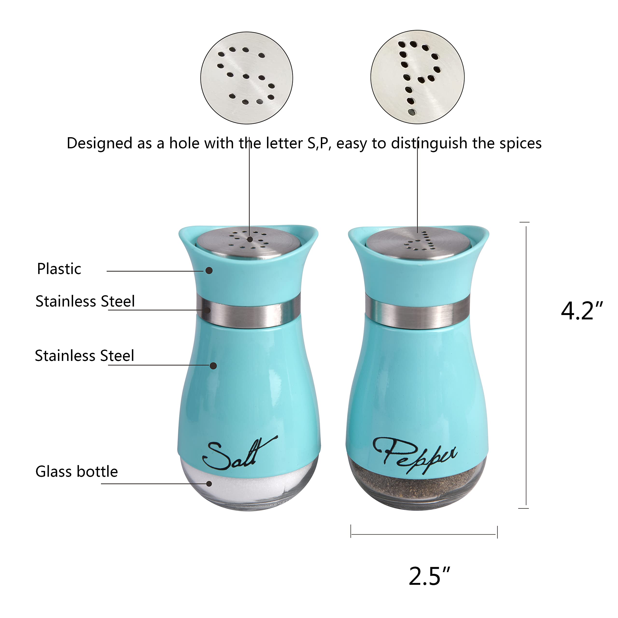 2 Pcs - Stainless Steel And Glass Salt And Pepper Shaker Sets With Holder (Blue)