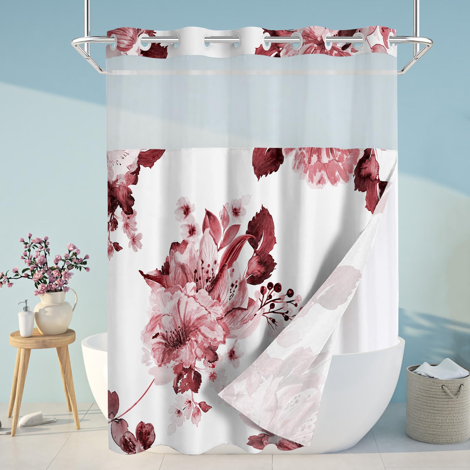 Sscrcusly No Hook Shower Curtain With Snap In Liner Set, Pink Floral And White Modern Hotel Style Fabric Inner Liner For Bathroo