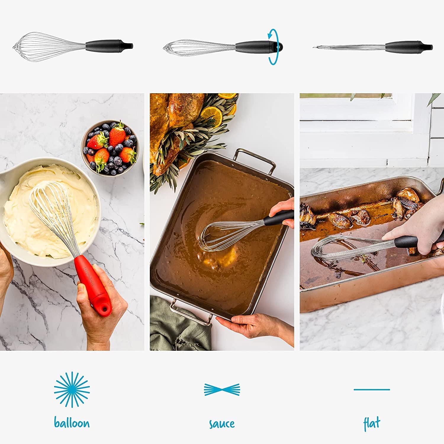 Dreamfarm Flisk | 3 In 1 Stainless Steel Whisk With Ergonomic Handle | Balloon Whisk, Sauce Whisk And Flat Whisk Combined Into O
