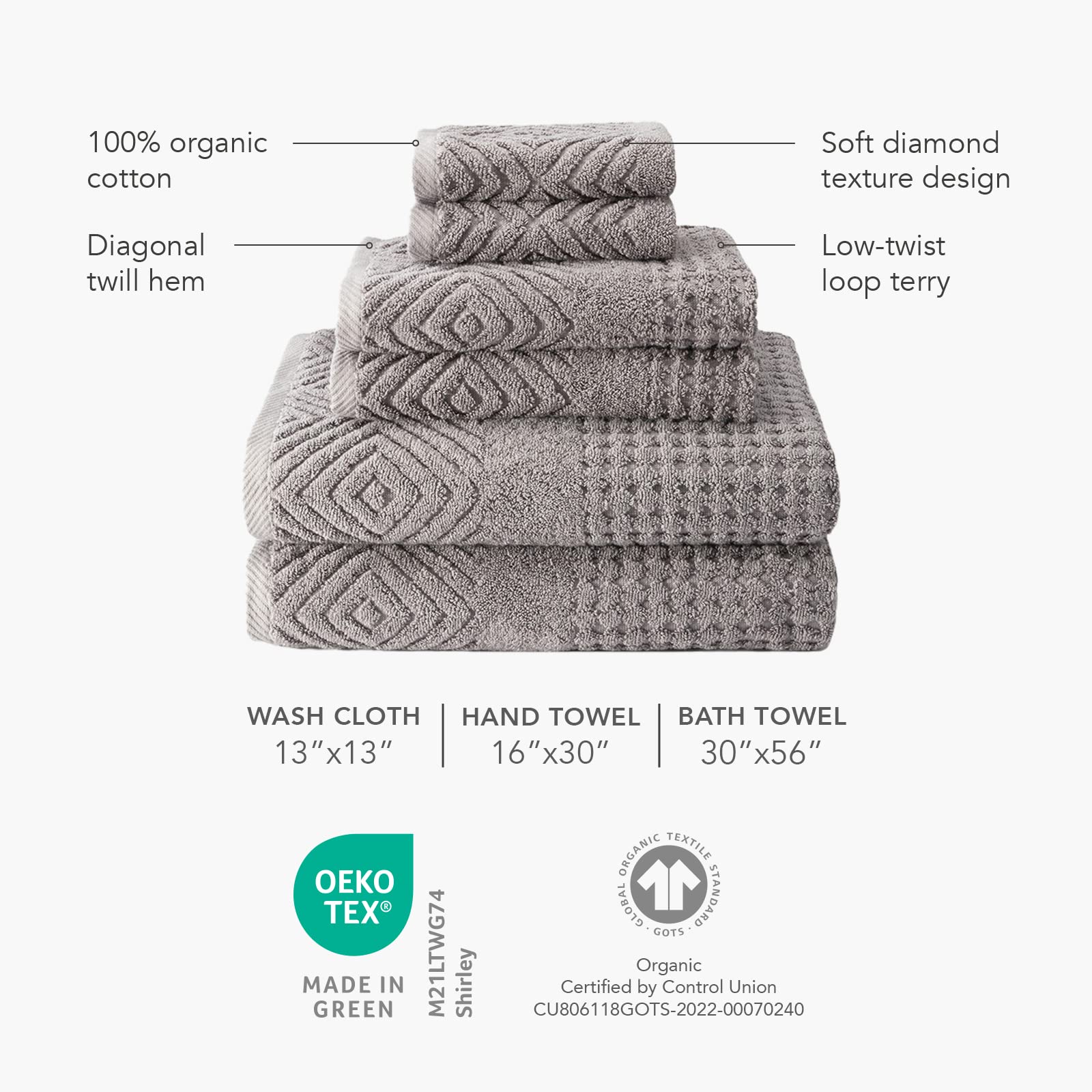 Texere 100% Organic Cotton Diamond Jacquard 700 Gsm Luxury Bath Towel Sets, Soft And Absorbent Hotel Quality, Bath Towels, Hand