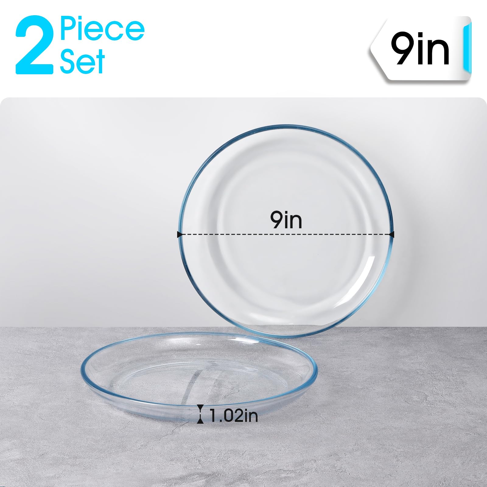 Nutriups 2 Pack 9 Inch Glass Plates, Clear Tempered Glass Dinner Plates, Glass Serving Dinnerware For Pasta, Salad, Dishwasher A