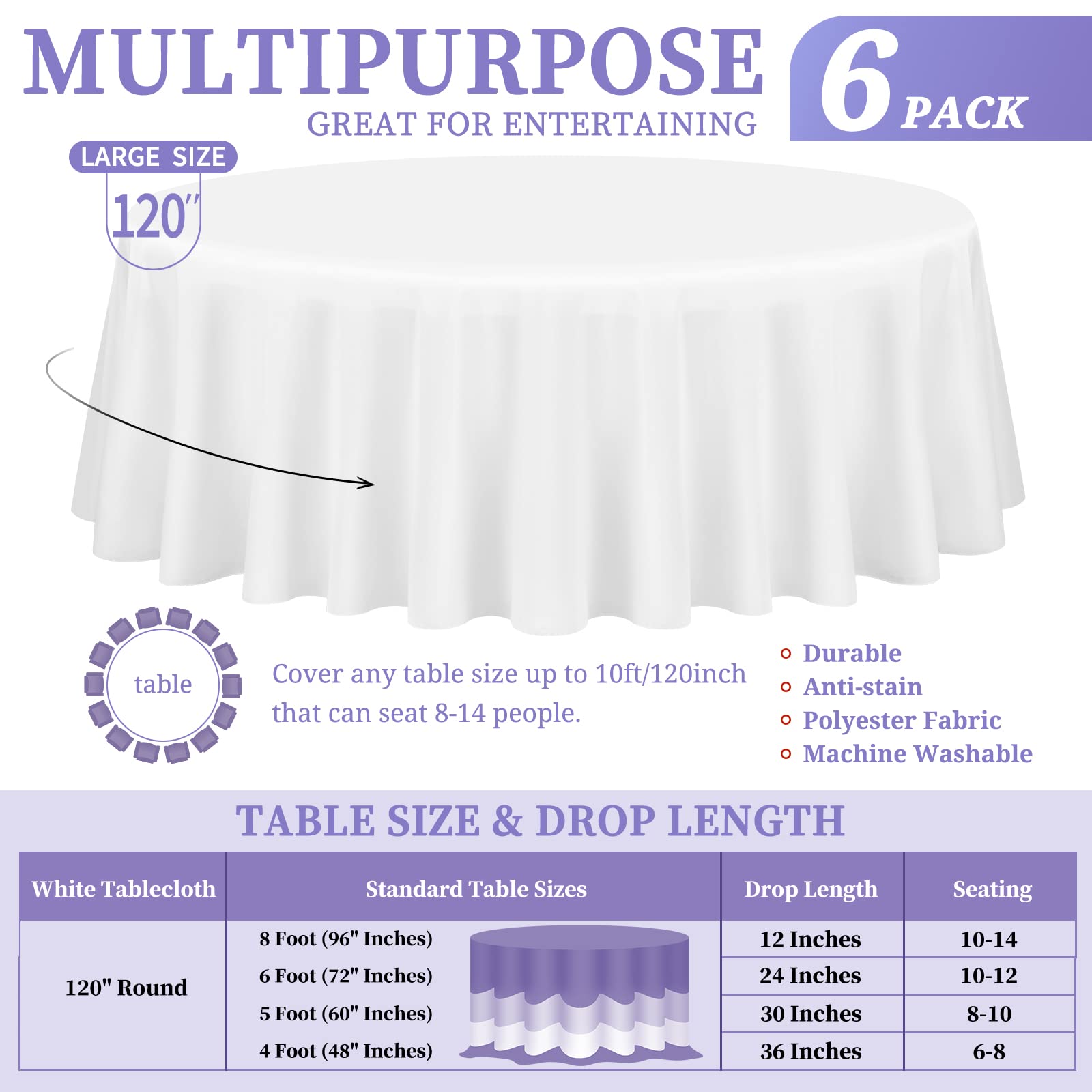 Showgeous 6 Pack White Round Tablecloth 120 Inch Polyester Round Table Cloth White Tablecloths For Round Tables Washable Decorat
