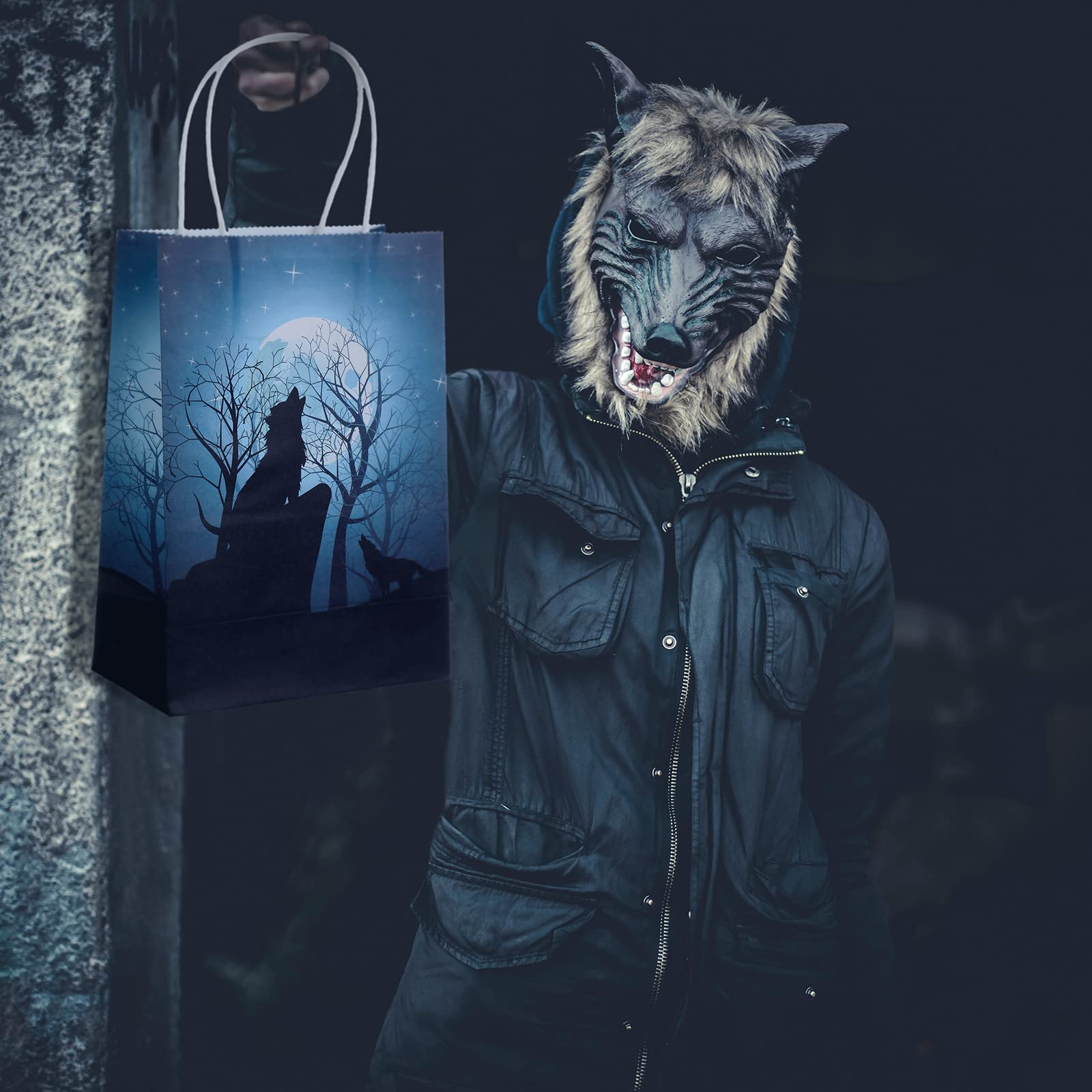 16 Pcs Wolf Treat Bags Wolf Party Bags Goodie Bags Wolf Candy Bags with Handles Paper Tote Bags Party Favor Bags for Wolf Theme Birthday Party Supplies Party Decorations