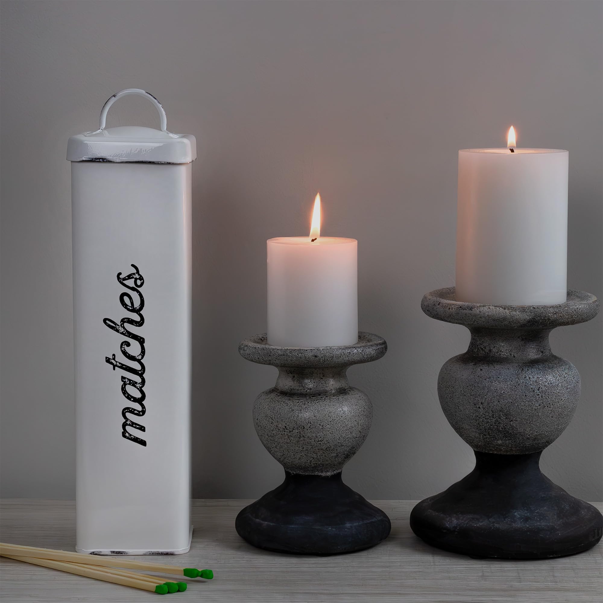 Auldhome Design Enamelware Fireplace Matches Holder (White), Farmhouse Storage Container For Long Safety Matches
