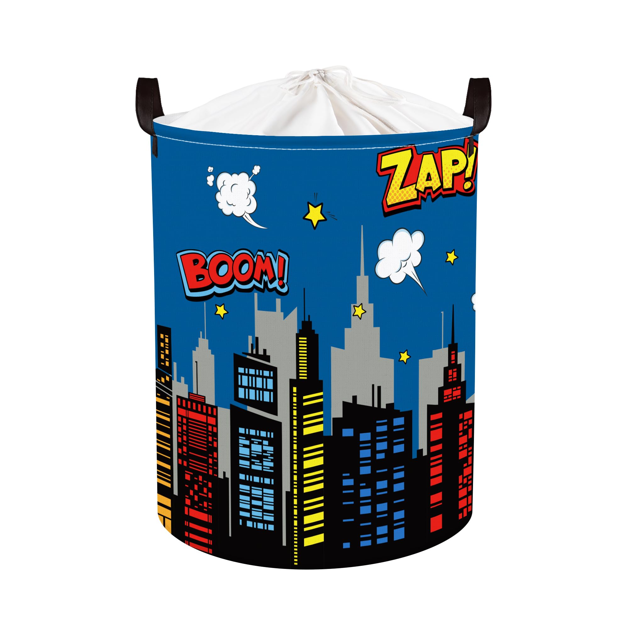 Clastyle 45L Large Blue City Hero Skyline Kid Laundry Hamper With Handle Comic Hero Building Silhouettes Clothes Toy Boys Basket