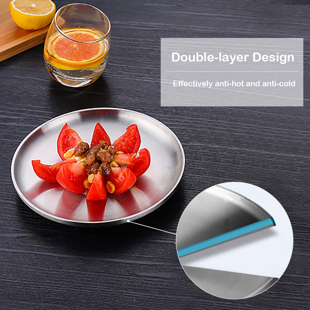 Sumerflos 304 Stainless Steel Dessert Appetizer Plates, 6.7'' Double-Layer Round Lunch Plates, Small Serving Camping Salad Plate