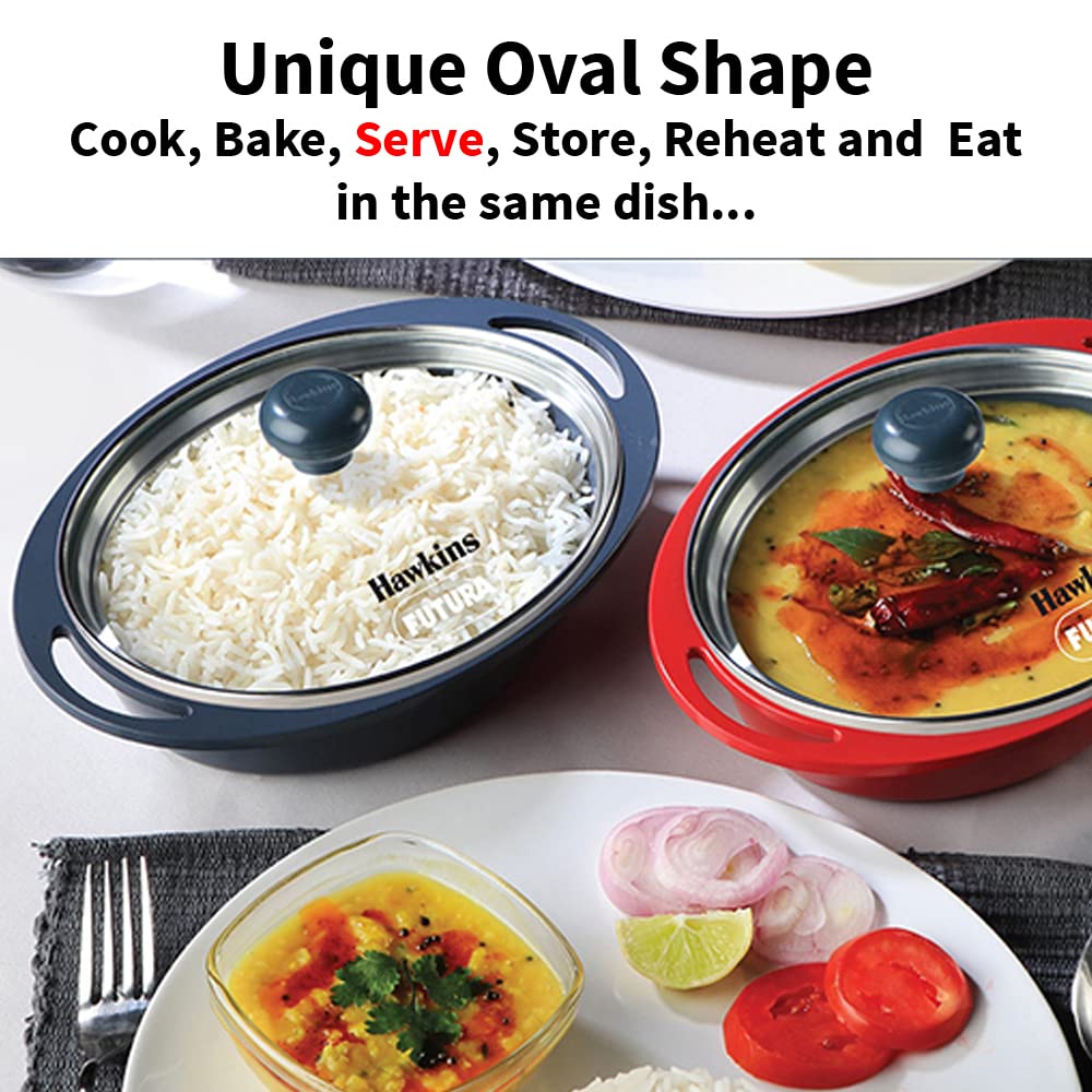 Hawkins 0.75 Litre Mini Casserole with Glass Lid, Oval Shaped Die-Cast pan for Cooking, Reheating, Serving and Storing, Grey (DC