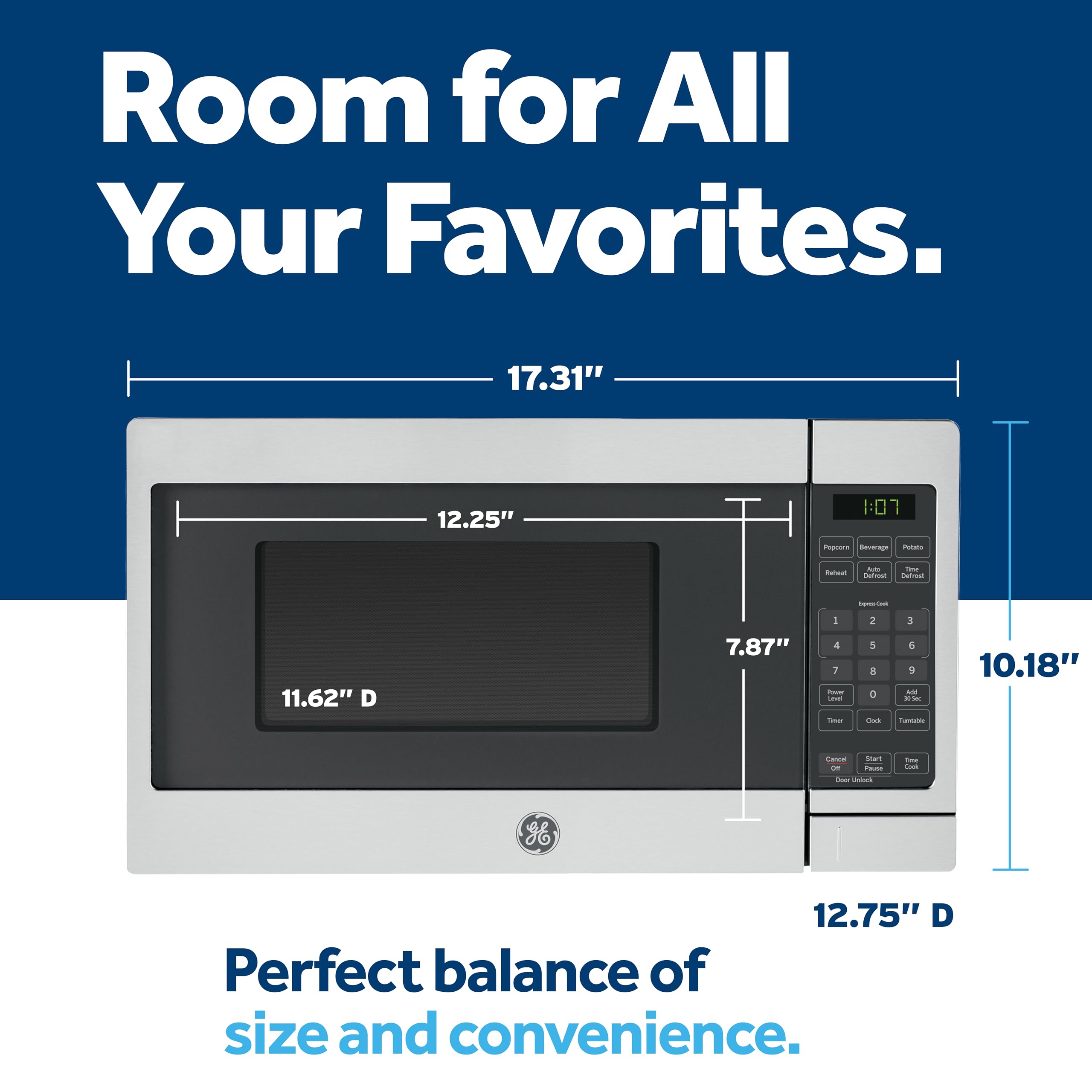 Ge Gcst07N1Wss Microwave Oven, 700-Watt 6 Auto Cooking Settings, Kitchen Essentials For The Countertop, Dorm Room Or Apartment,