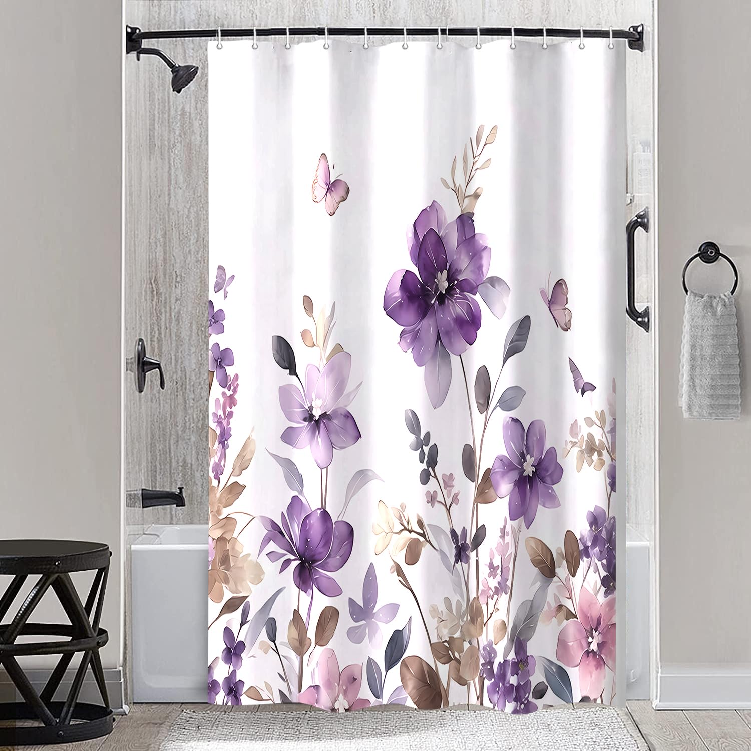 Purple Floral Shower Curtain, Farm Watercolor Flower Leaves And Butterfly On Country Wooden Shower Curtain For Bathroom, Rustic