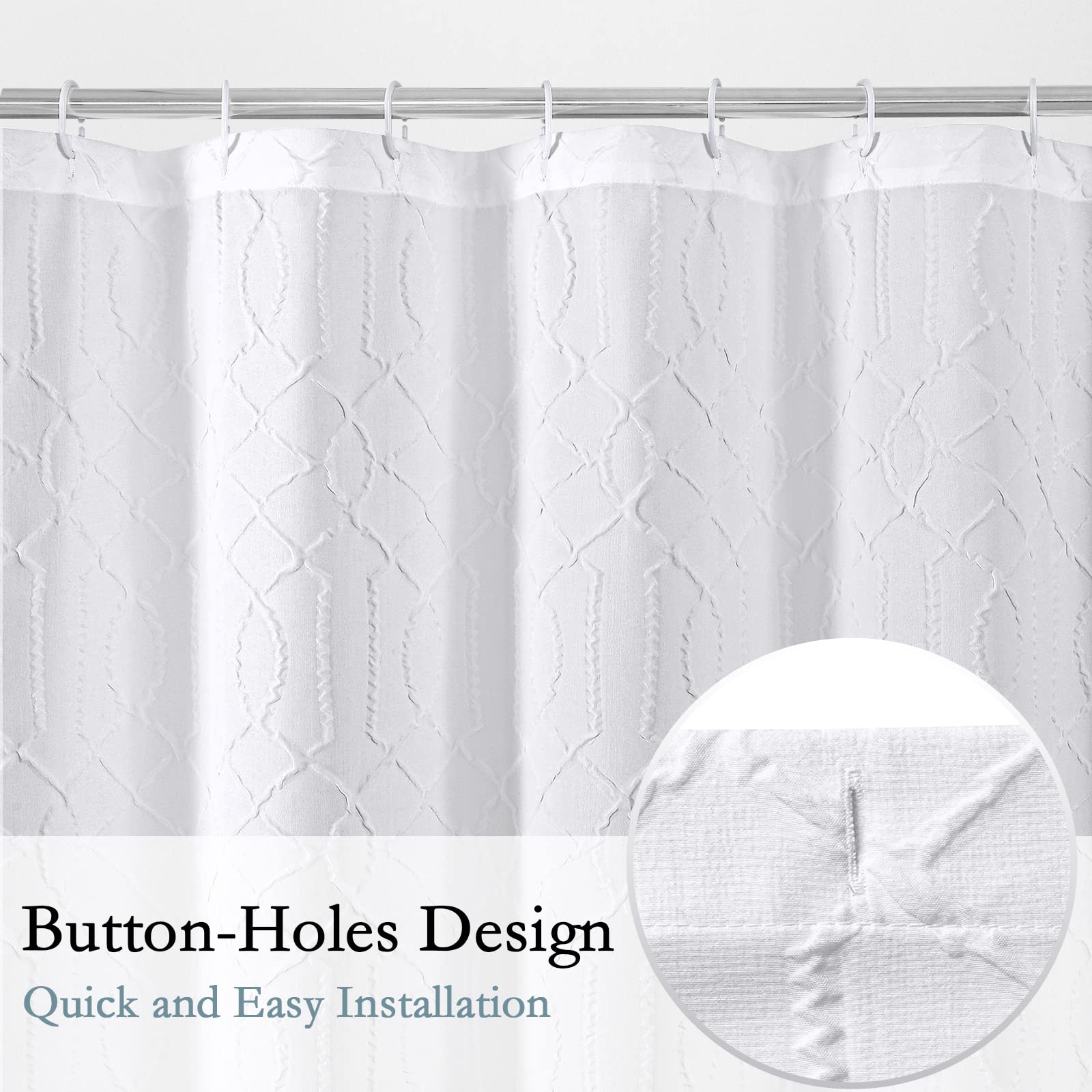 Gibelle White Shower Curtain For Bathroom, 3D Embossed Geometric Textured Fabric Shower Curtain Set With Hooks, Modern Farmhouse