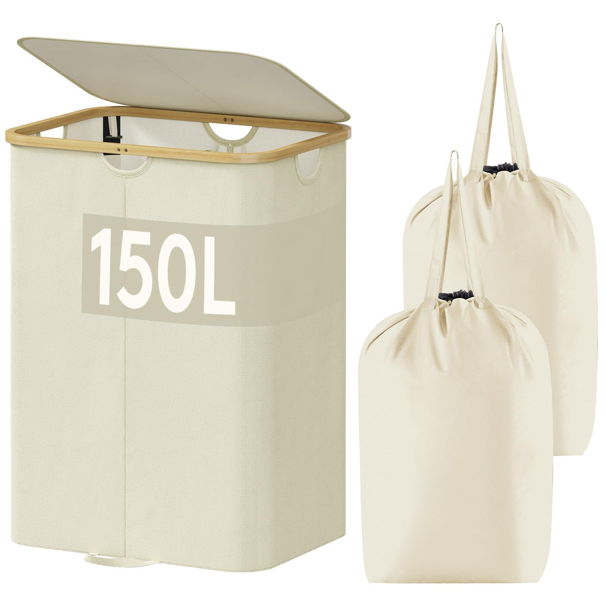 Lifewit 150L Double Laundry Hamper With Lid, Large Laundry Basket With Bamboo Handles And Removable Laundry Bags, Foldable Cloth
