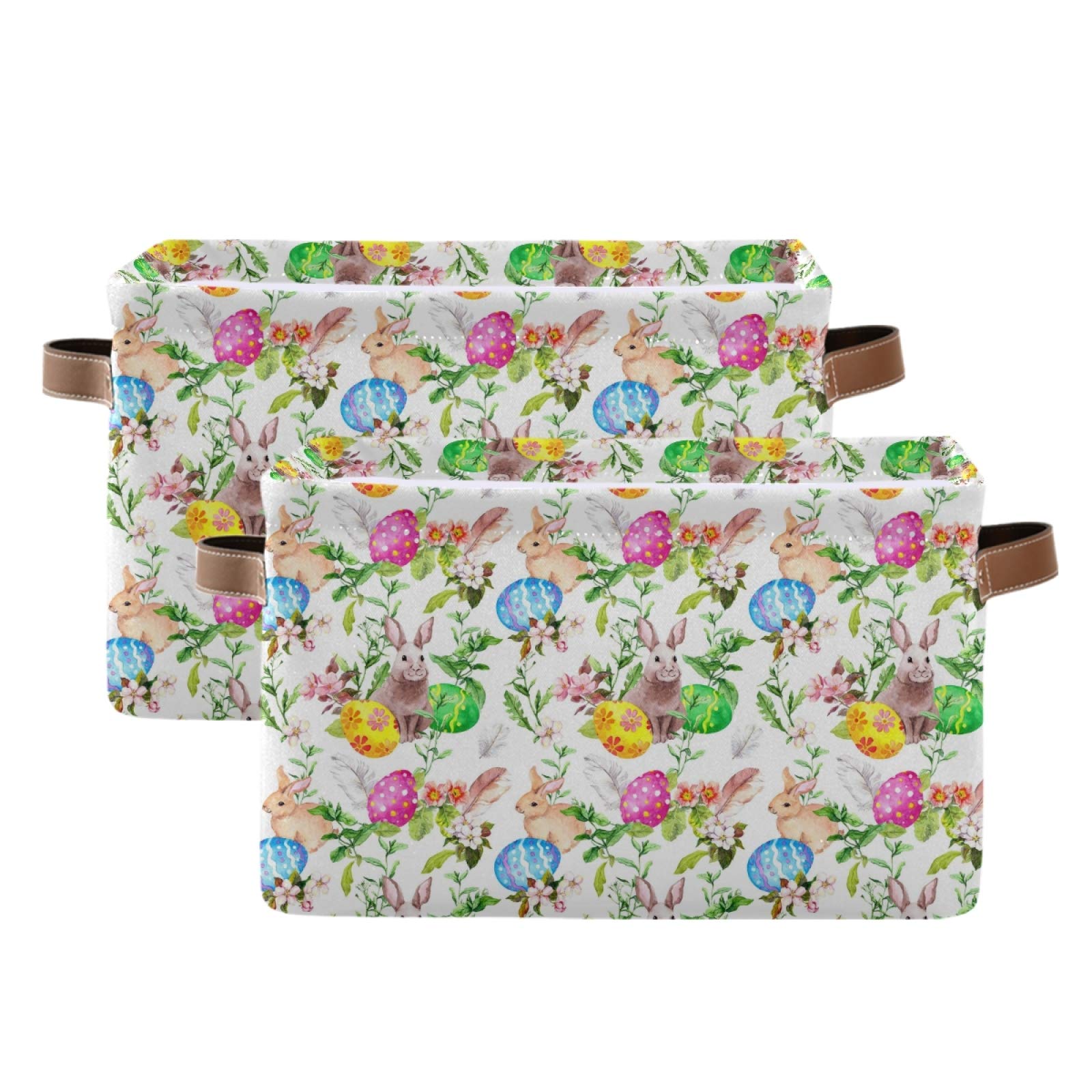 senya Easter Basket Storage  Box with Handles Easter Bunny Eggs in Grass Flowers Fabric Collapsible Storage Bins Organizer Bag Large Foldable for Storage Toy Storage 15 x 11 x 9.5 inch