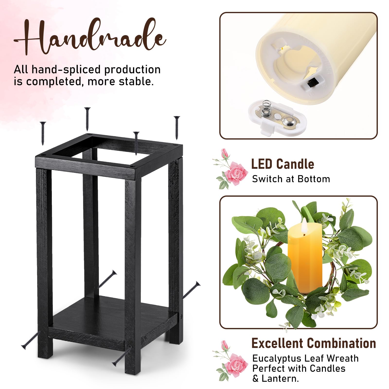 Geelin 12 Set 10.59  , 13   Black Wooden Lanterns for Wedding Centerpieces Include 12 Wooden Lantern 12 LED Candle 12 Eucalyptus