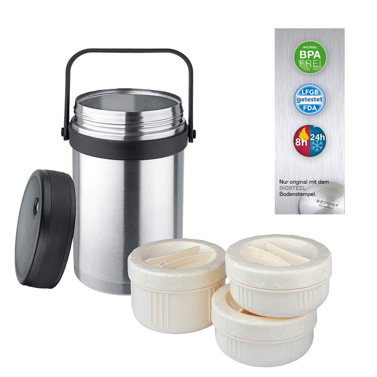 Isosteel VA9683 1.5 liter 51 fl. oz 18/8 Stainless Steel DoubleWall Vacuum Food Container incl. 3 plastic containers
