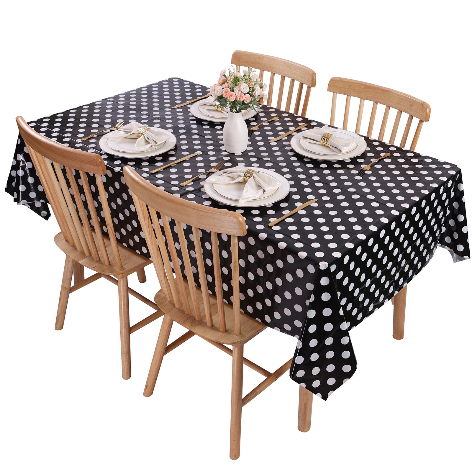 Kesfey 5 Packs Black And White Dots Table Cloth 54X108 Inch Black Polka Dot Mini Mouse Plastic Table Cloth Disposable Black Wate